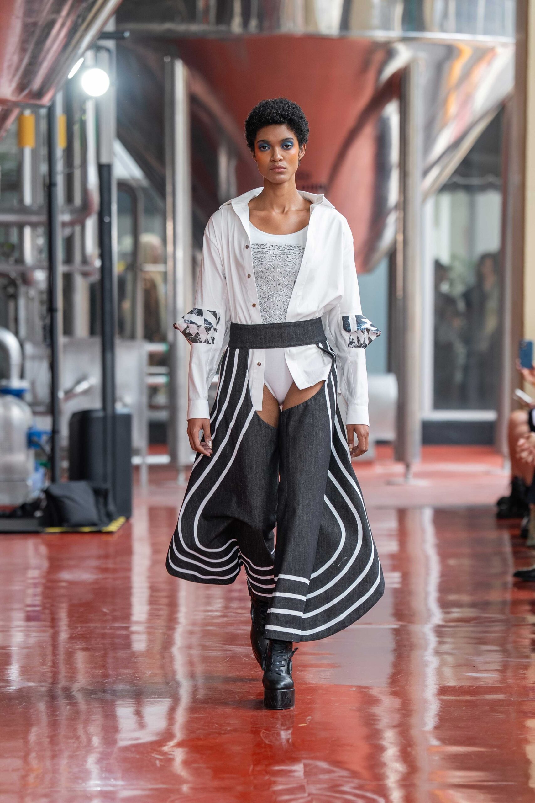 white shirt gray bodysuit black skirt