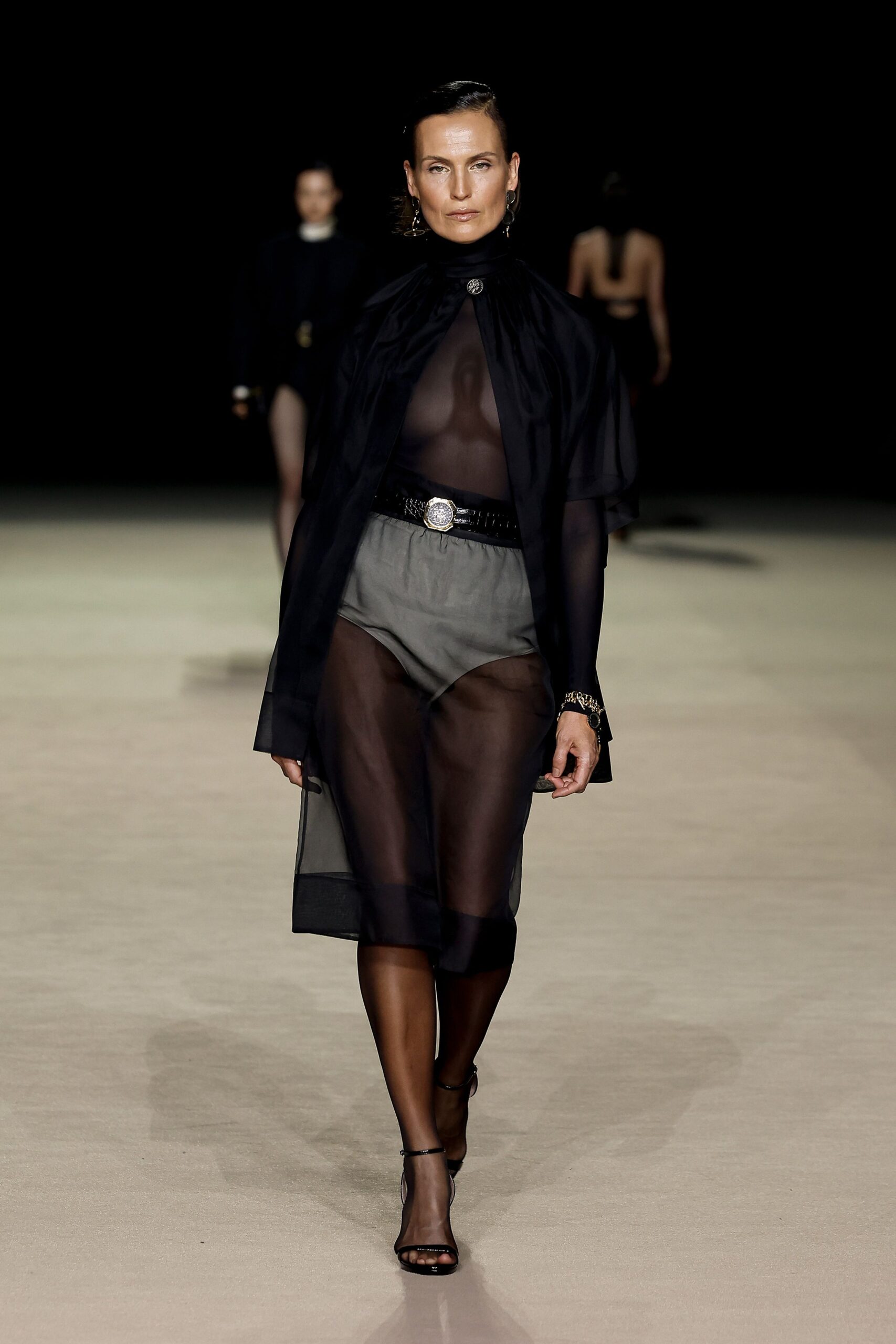 black sheer top gray pencil skirt
