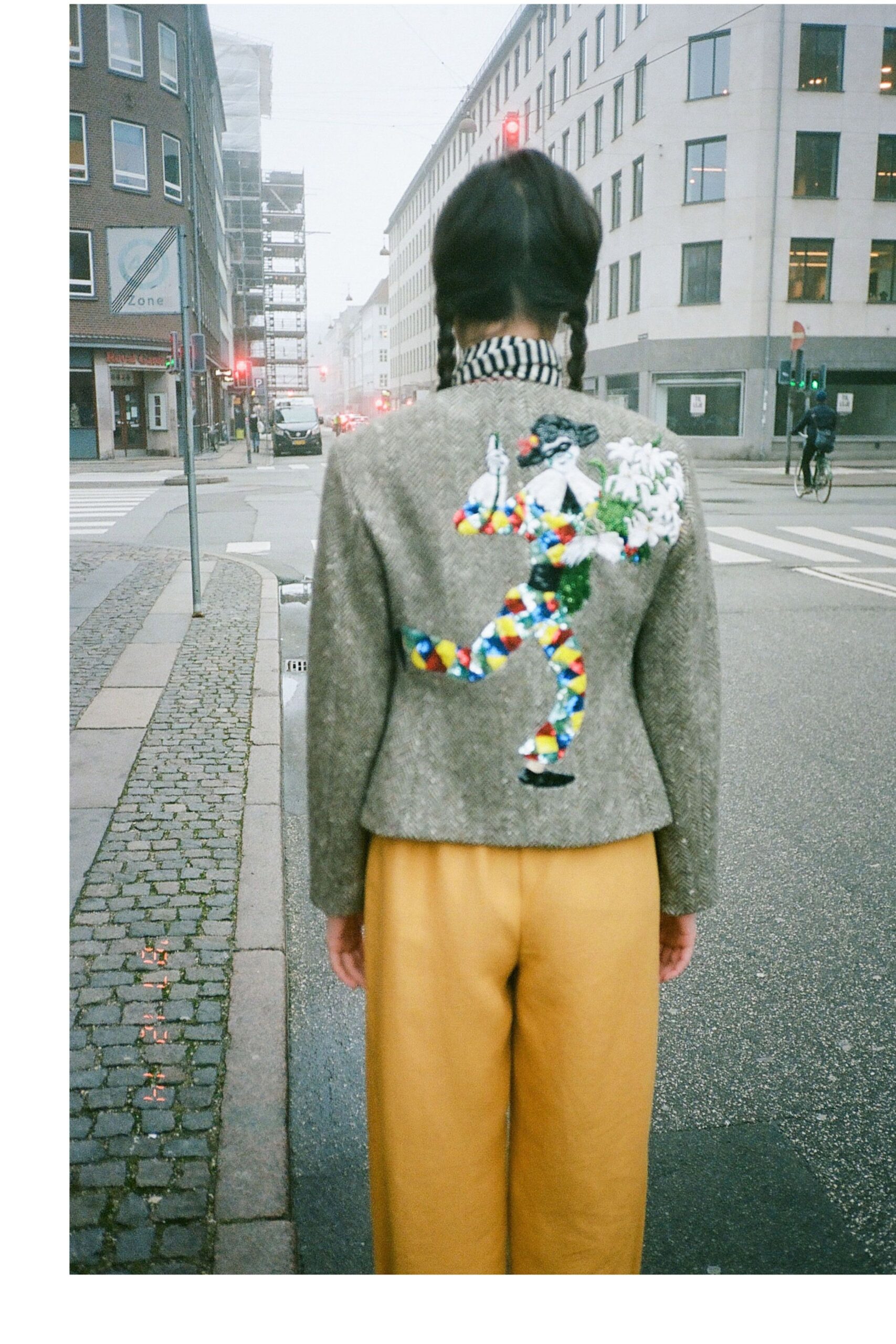 gray wool long-sleeve collared structured embroidered jacket