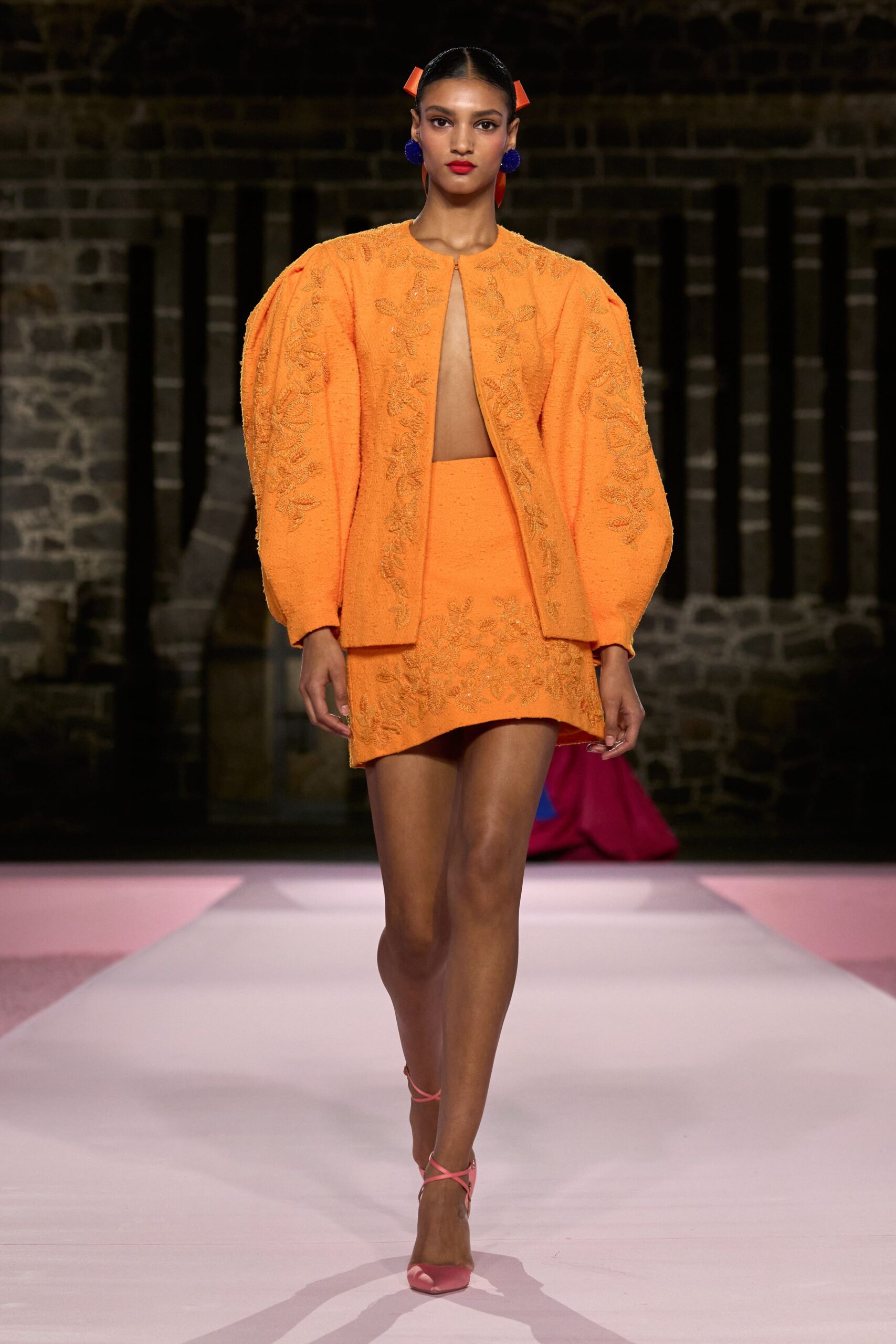 orange cotton long-sleeve collared fitted embroidered jacket