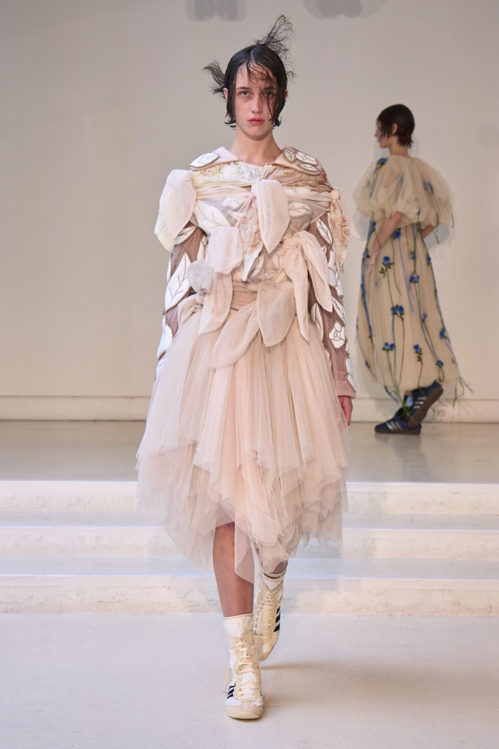 beige tulle sleeveless v-neck fitted layered ruffled dress