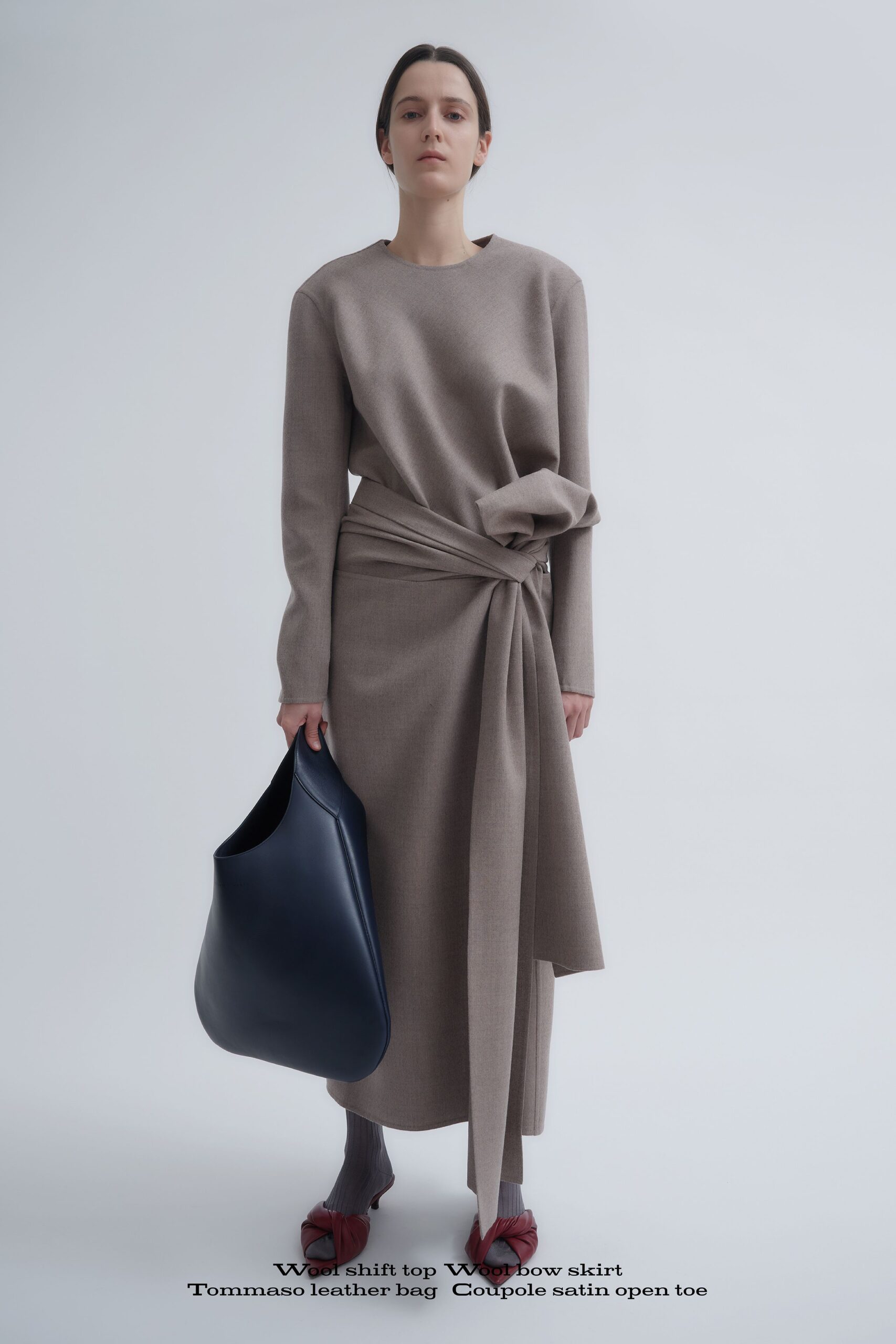 beige wool wrap fitted high-waisted skirt