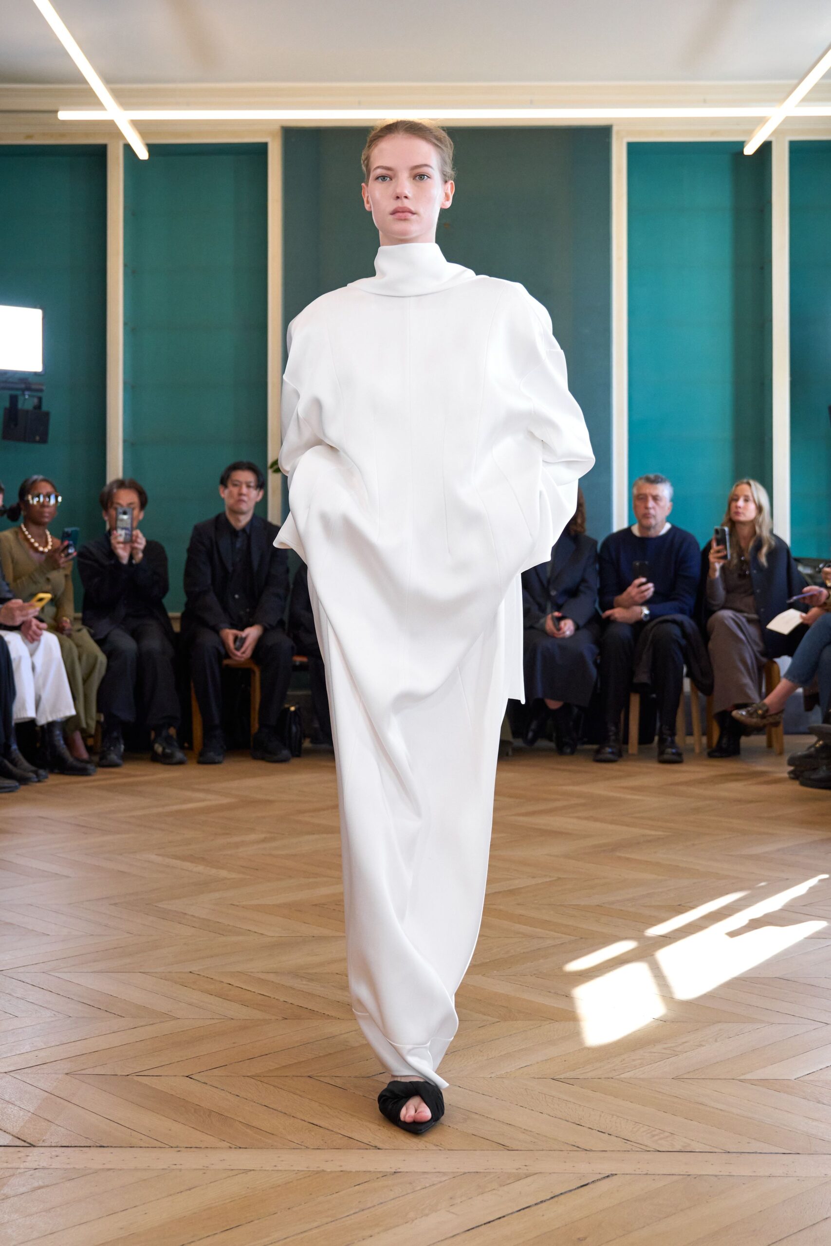 white cotton long-sleeve high-neck oversized draped maxi dress
