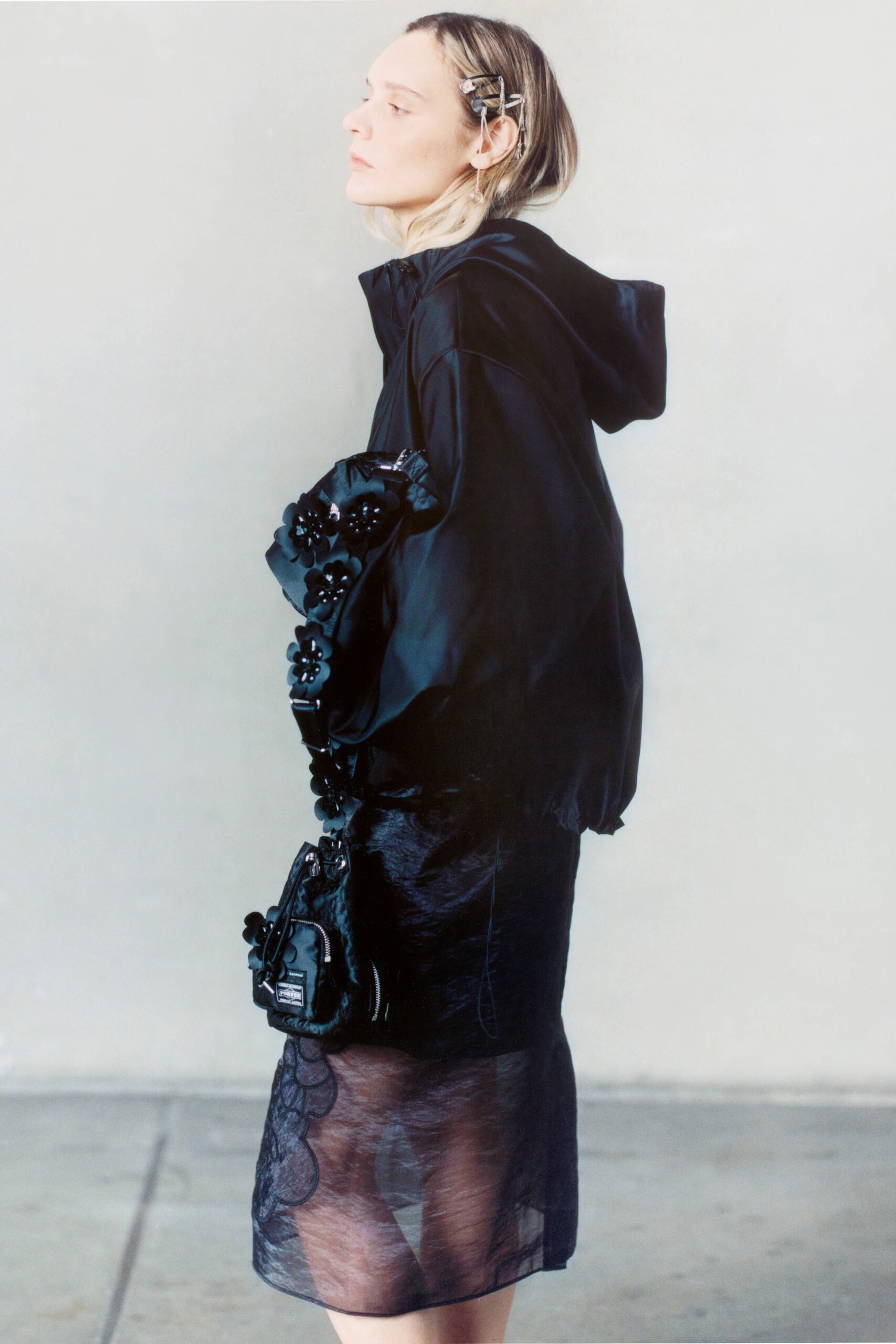 black silk slit fitted pleated sheer skirt