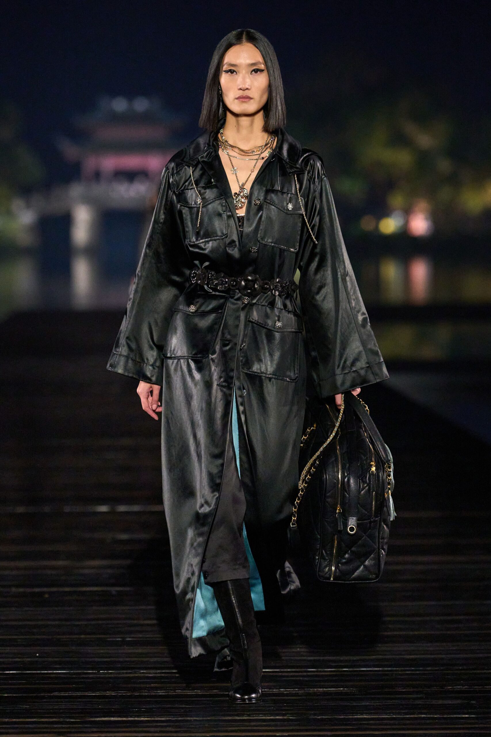 black leather coat with blue dress