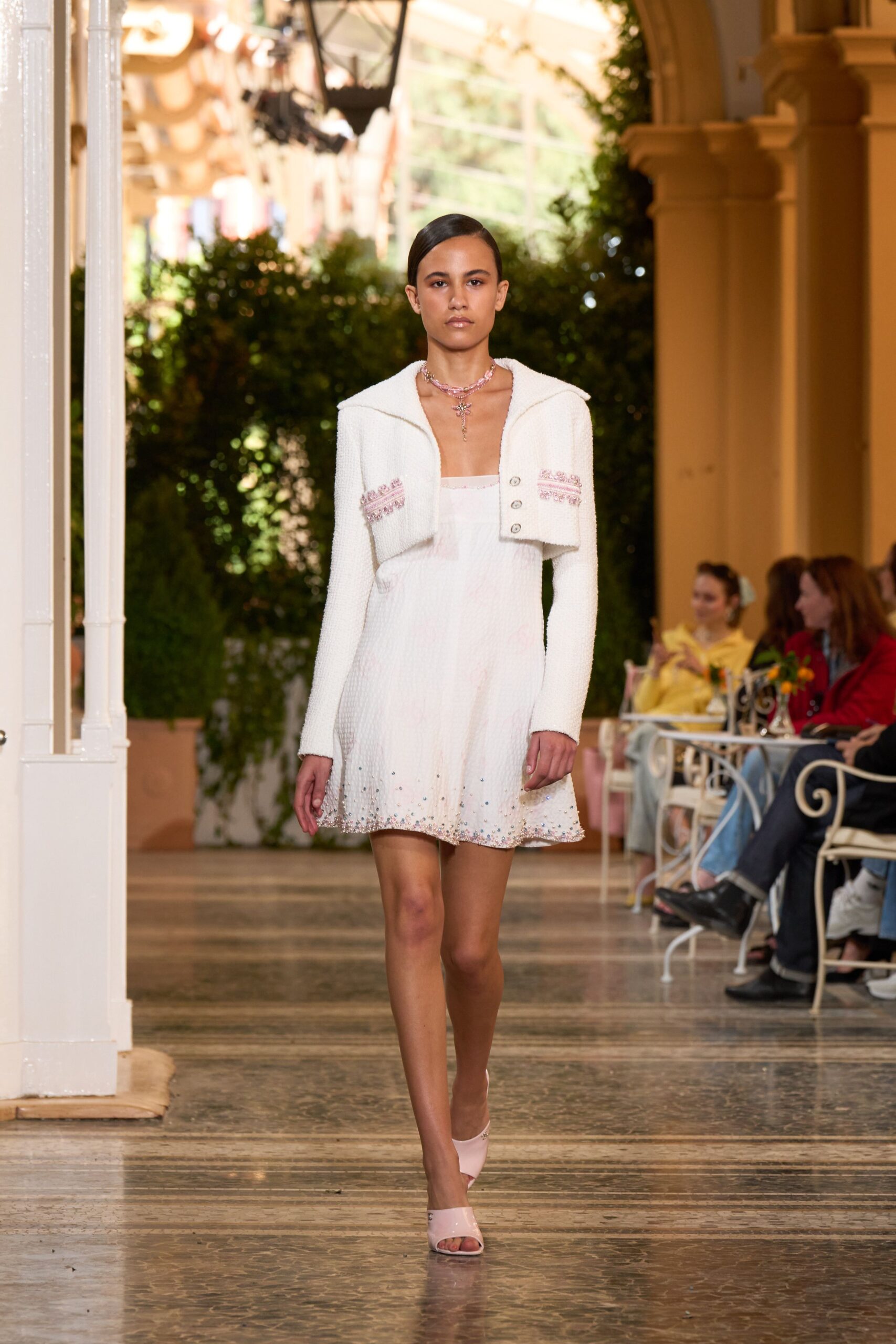 white tweed long-sleeve collared structured buttoned embellished jacket