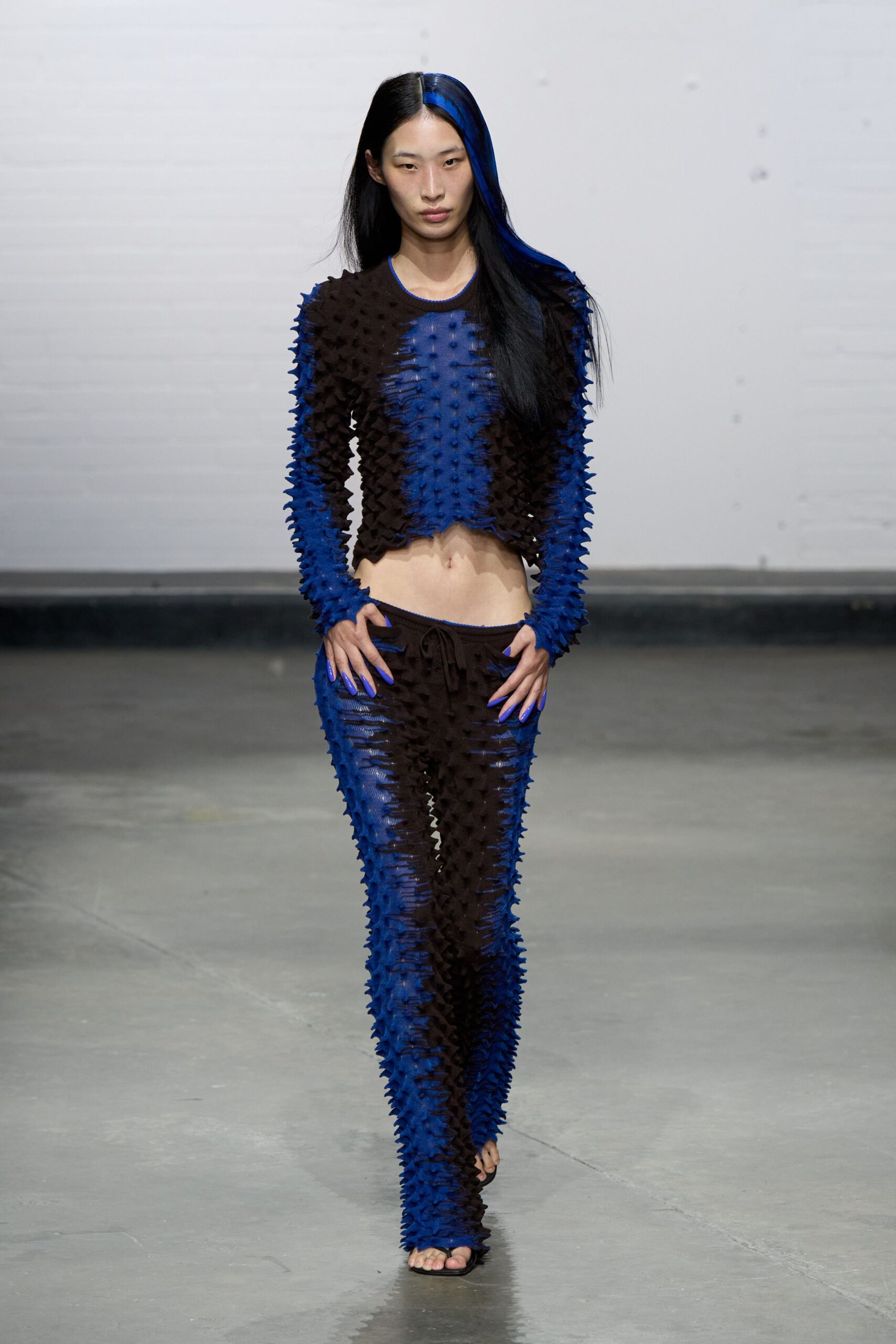 blue mesh long-sleeve high-neck fitted textured top