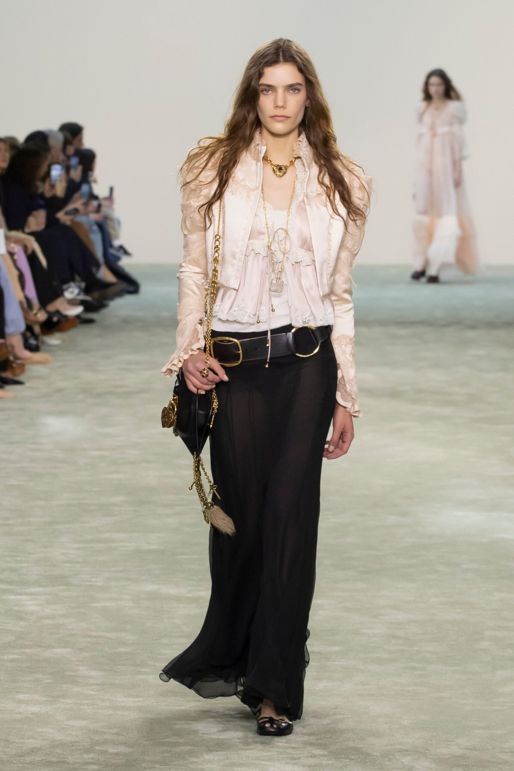 pink silk long-sleeve collared fitted draped jacket