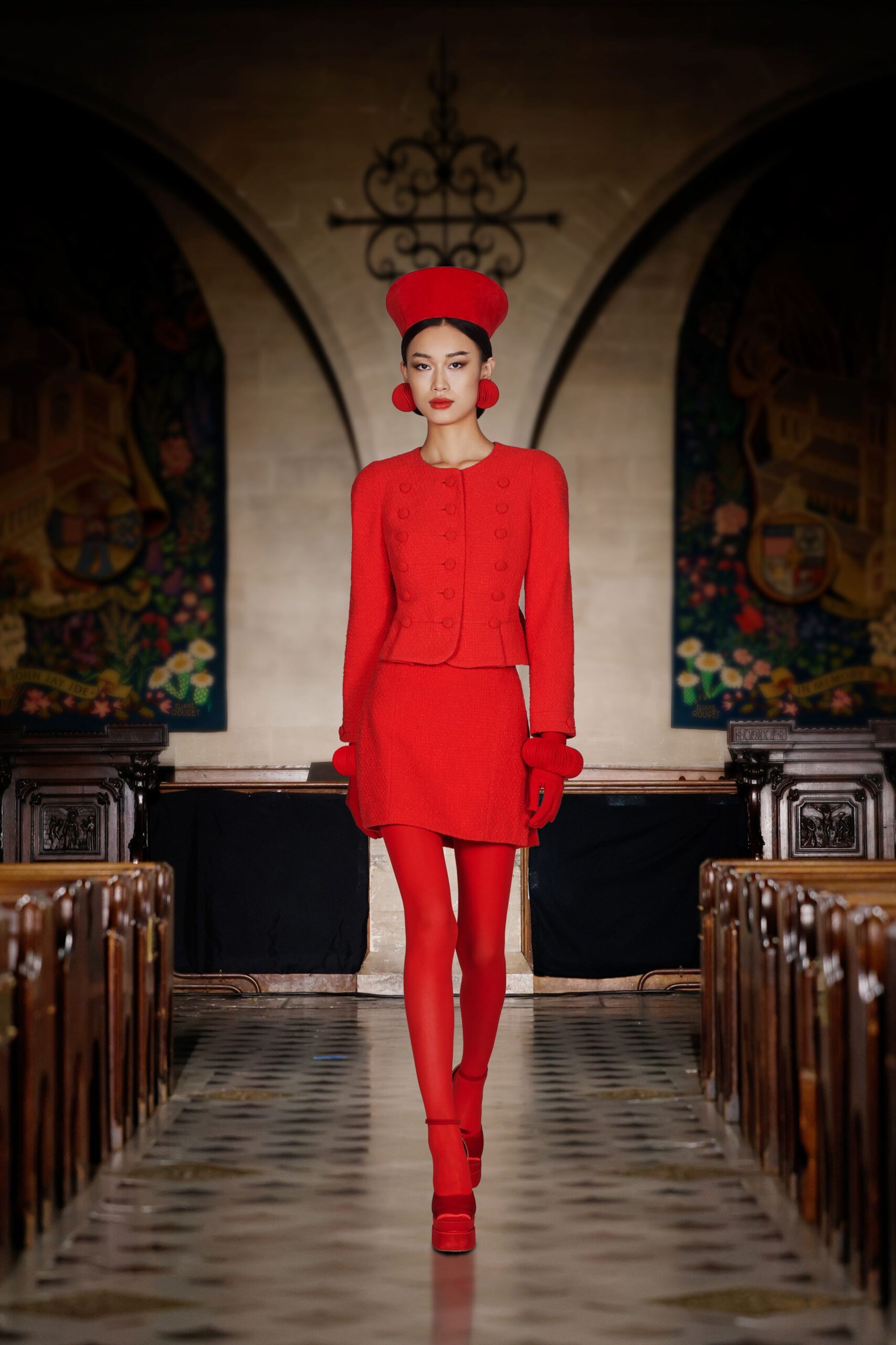 red wool long-sleeve collared fitted buttoned blazer