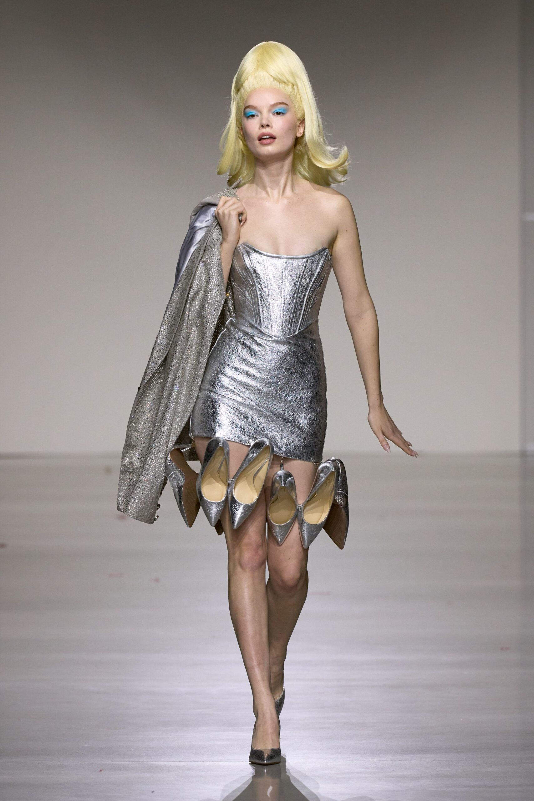 gray metallic strapless fitted pleated shiny mini mini-dress