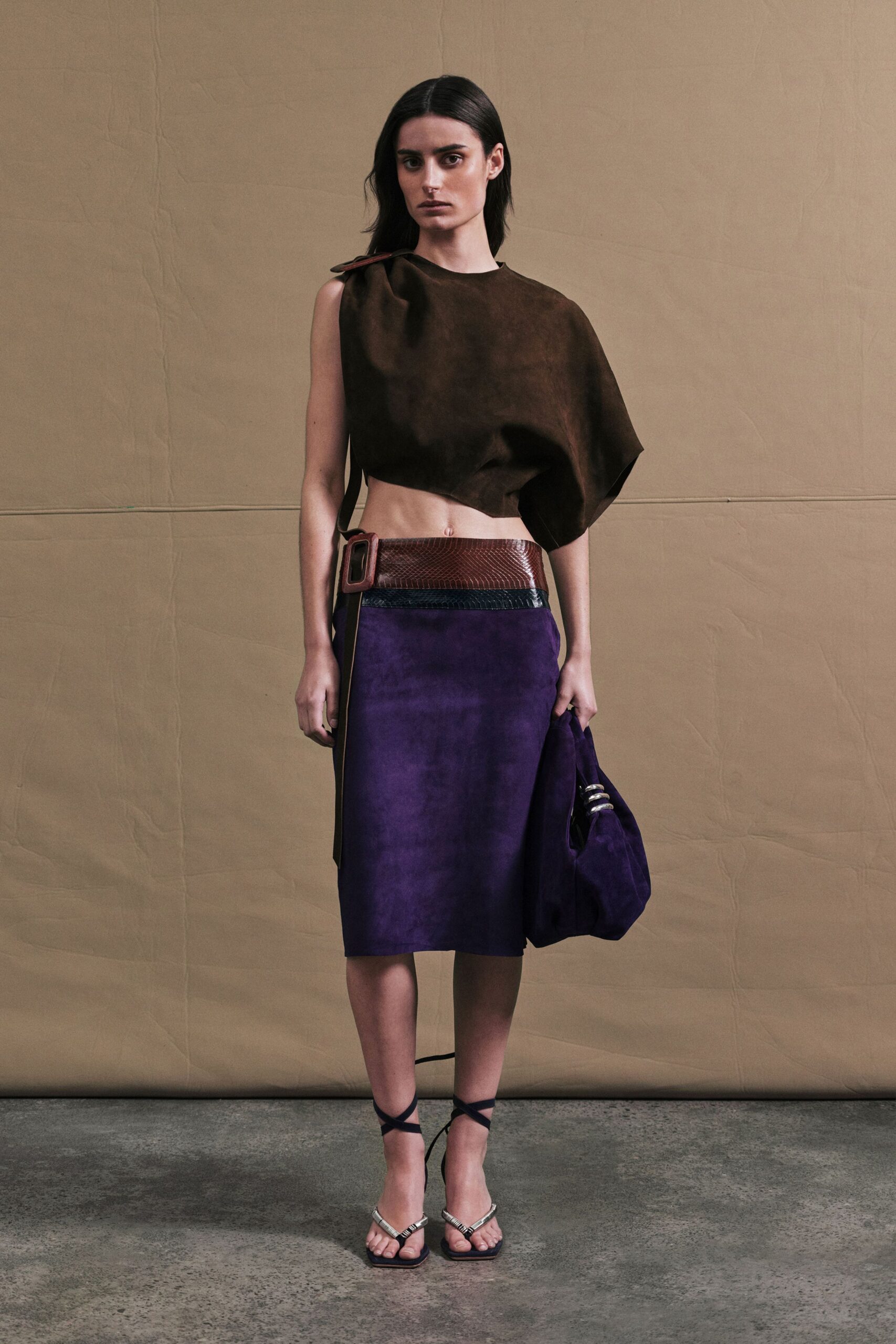 brown suede top purple skirt