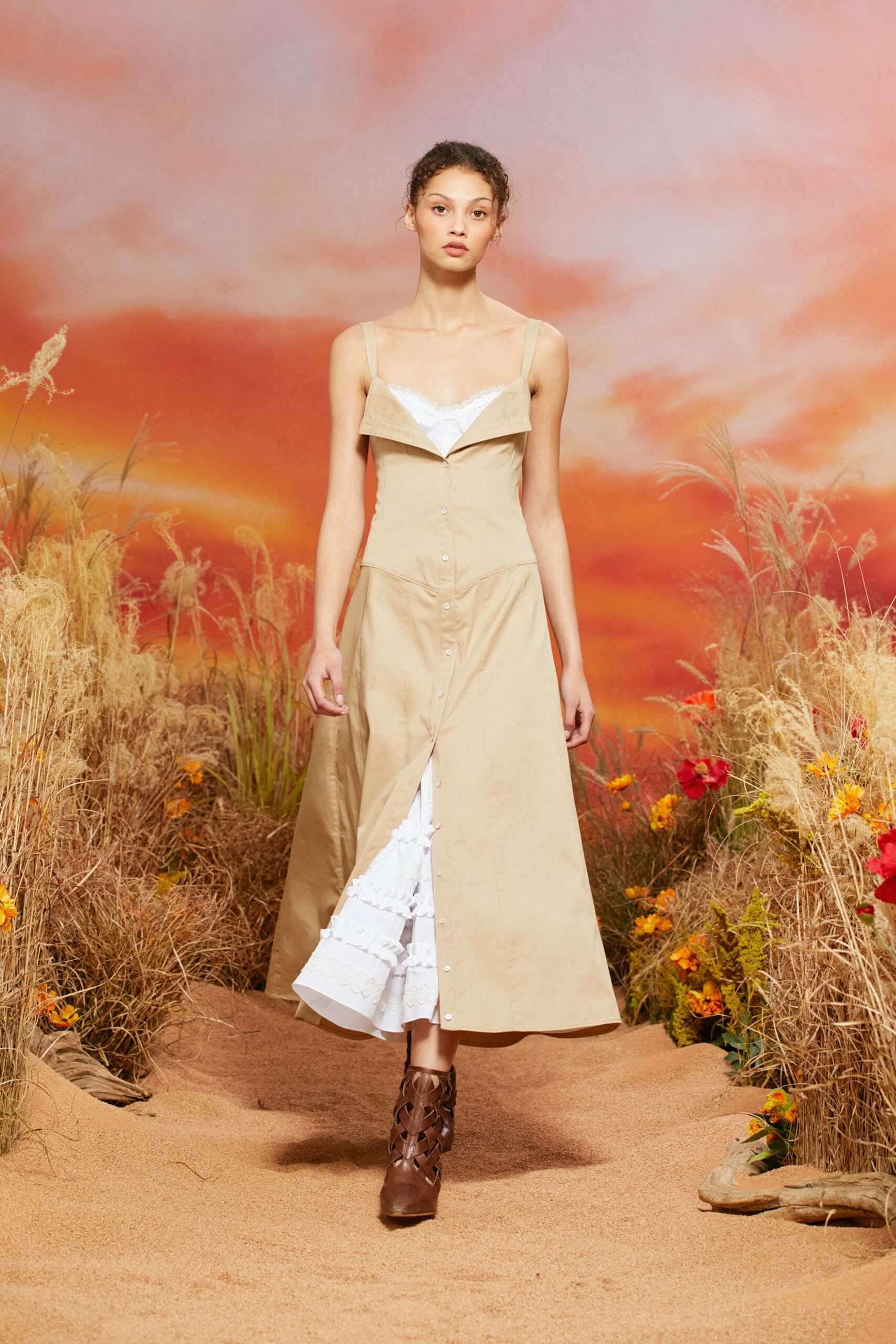 beige cotton sleeveless v-neck fitted buttoned tiered dress