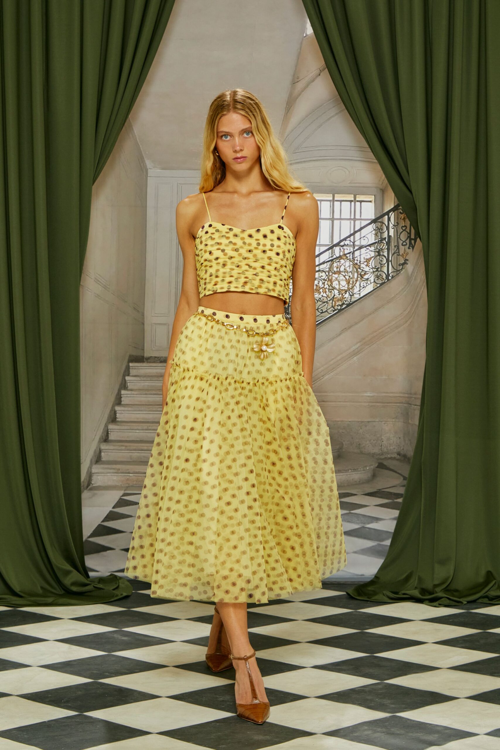 yellow polka-dot top and midi skirt