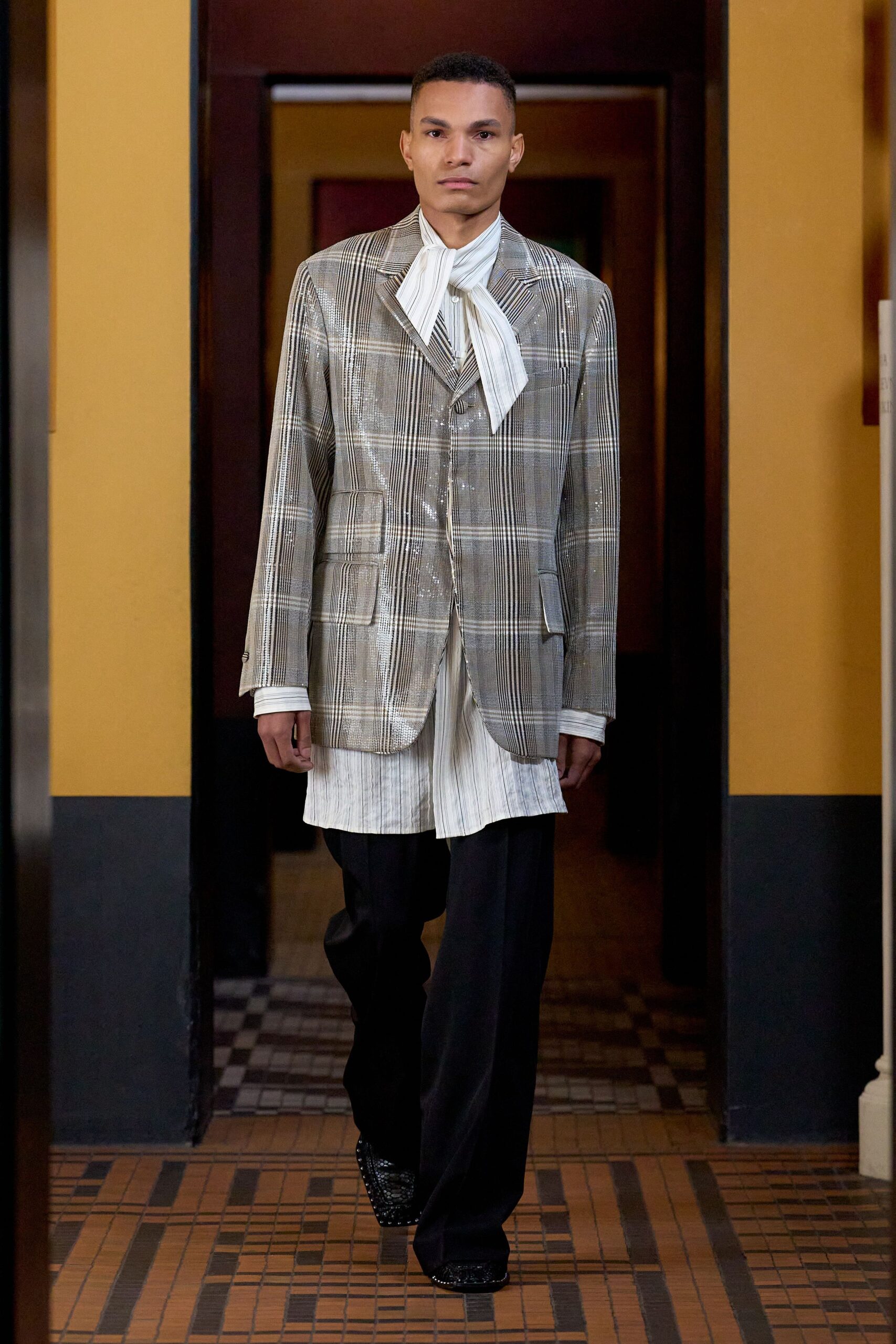 beige checked blazer with black pants