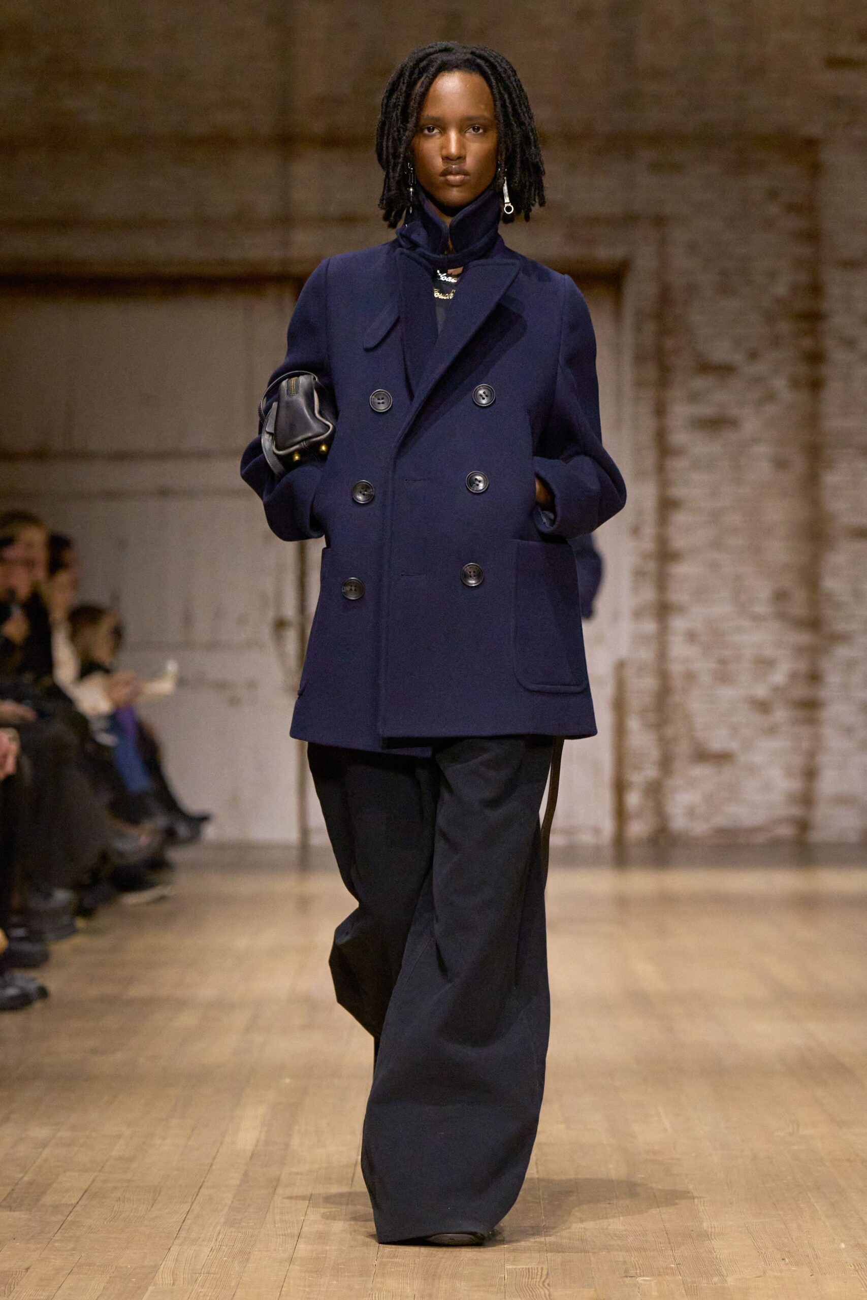 blue wool coat with relaxed pants
