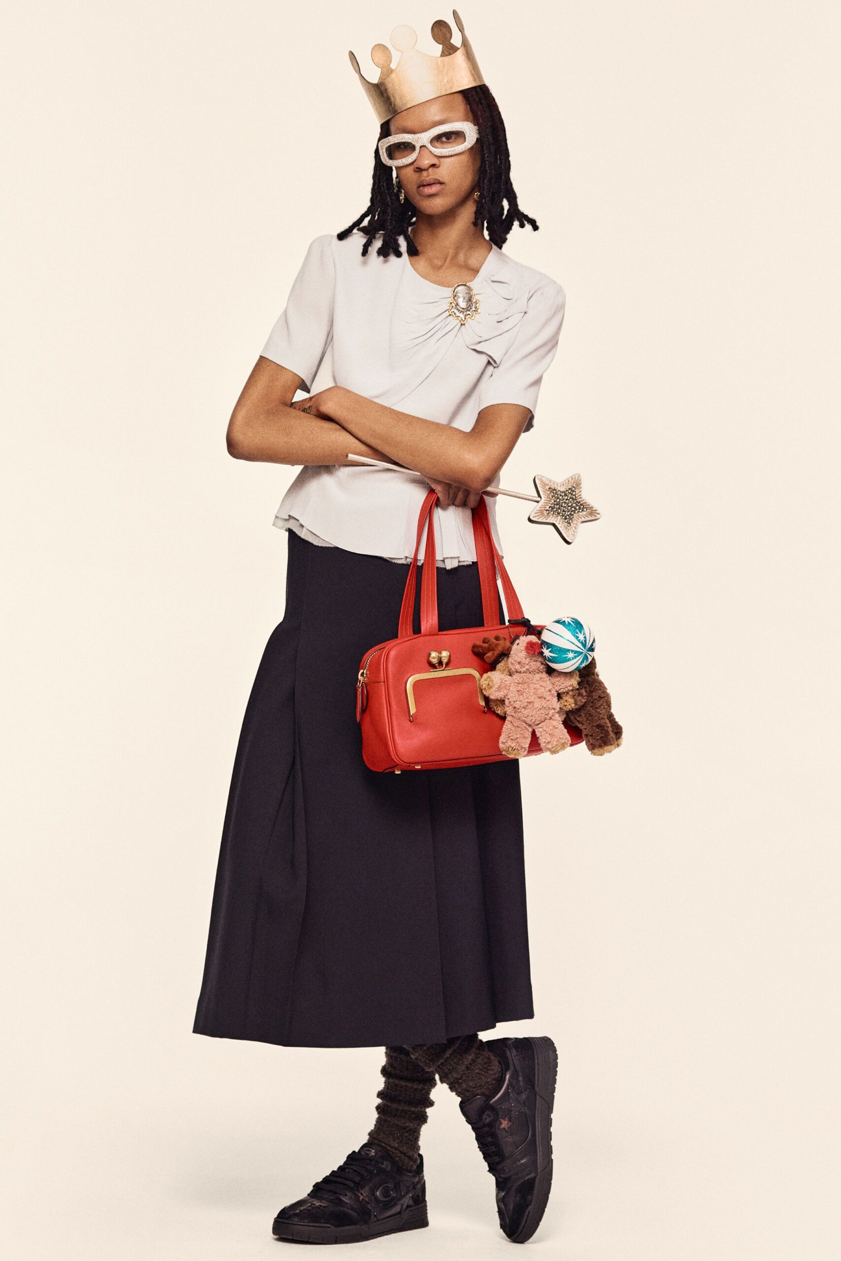 white top black midi skirt