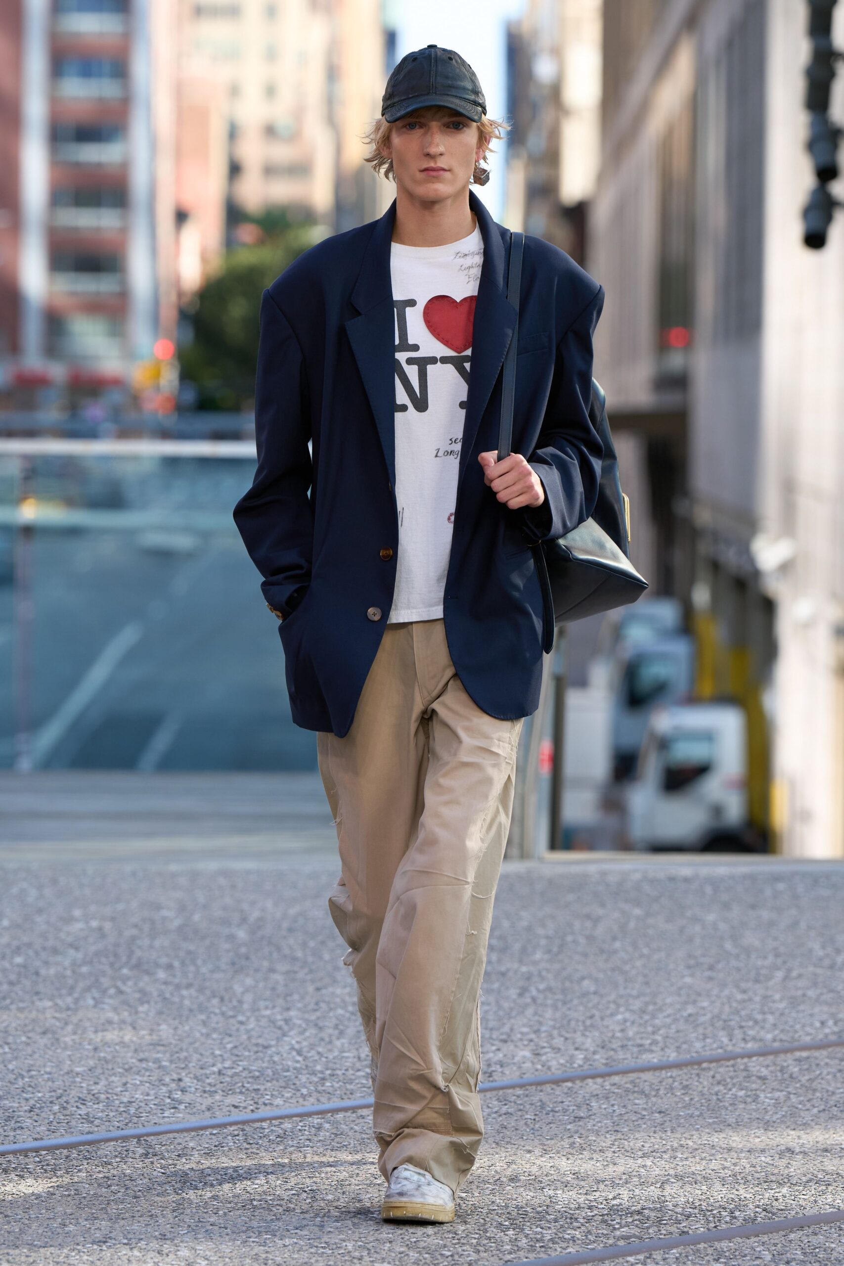 navy blazer with printed t-shirt