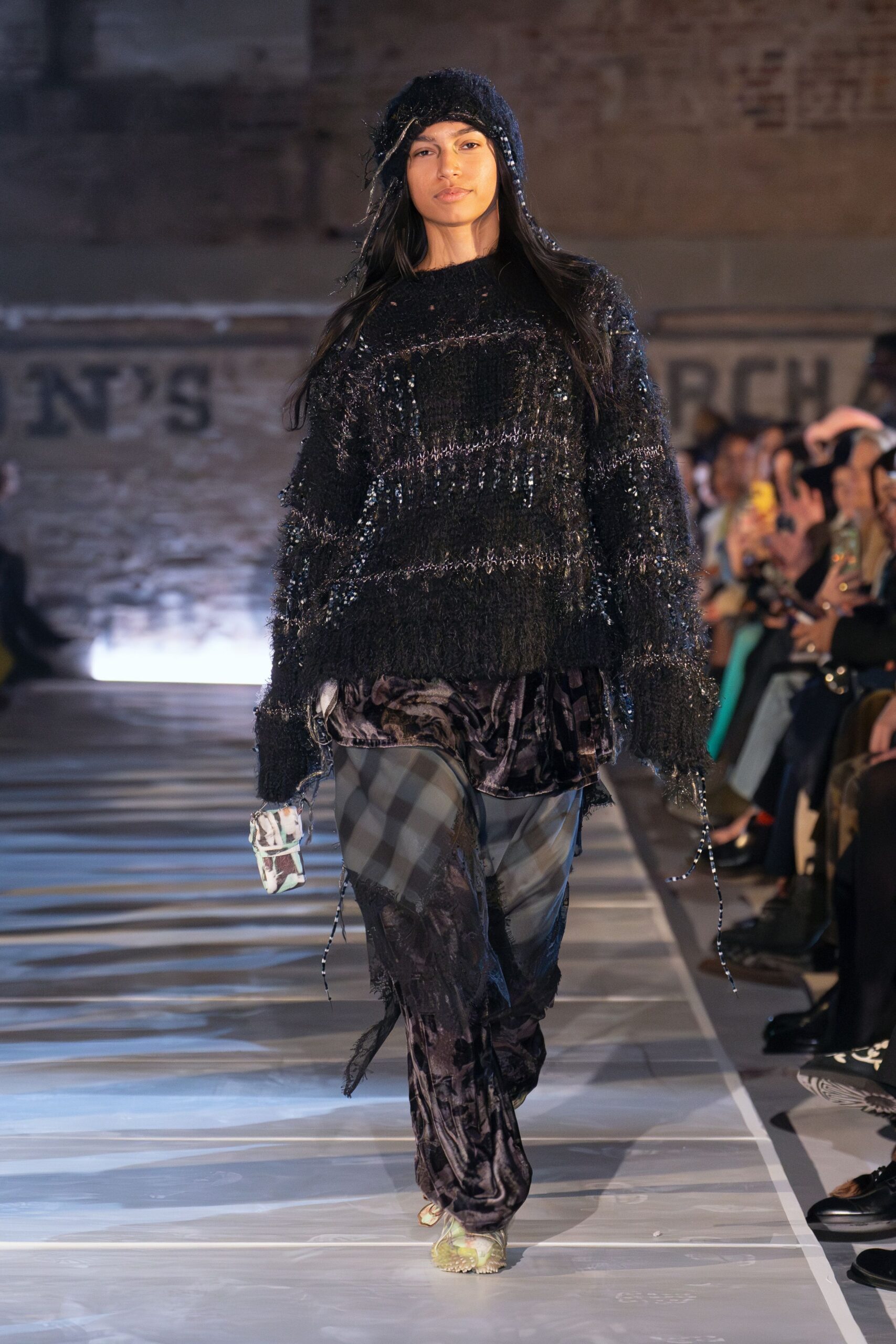 black wool long-sleeve collared relaxed fringed shiny sweater
