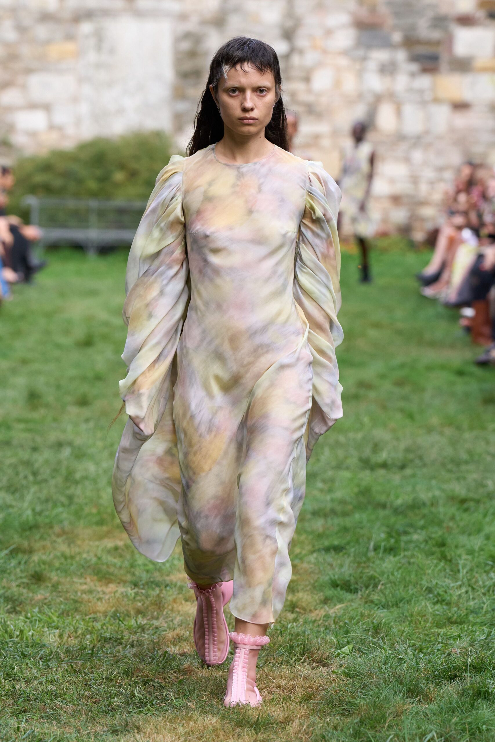 multi chiffon long-sleeve v-neck relaxed draped flowing dress