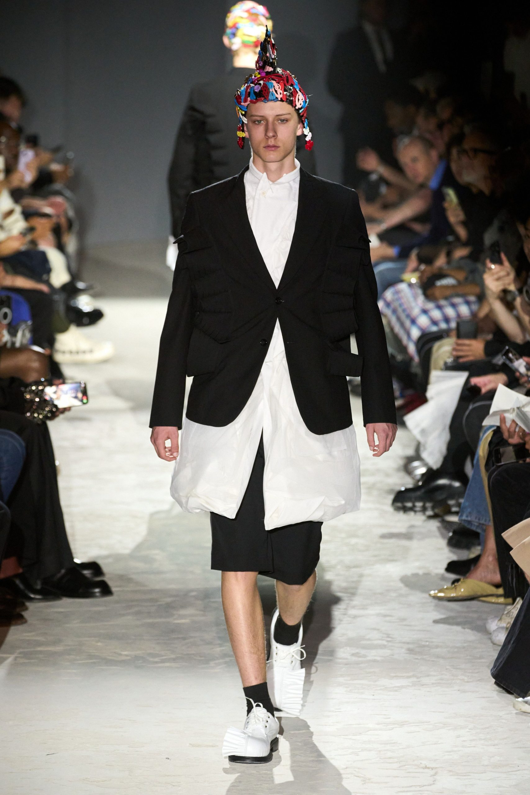 black blazer white shirt layered skirt
