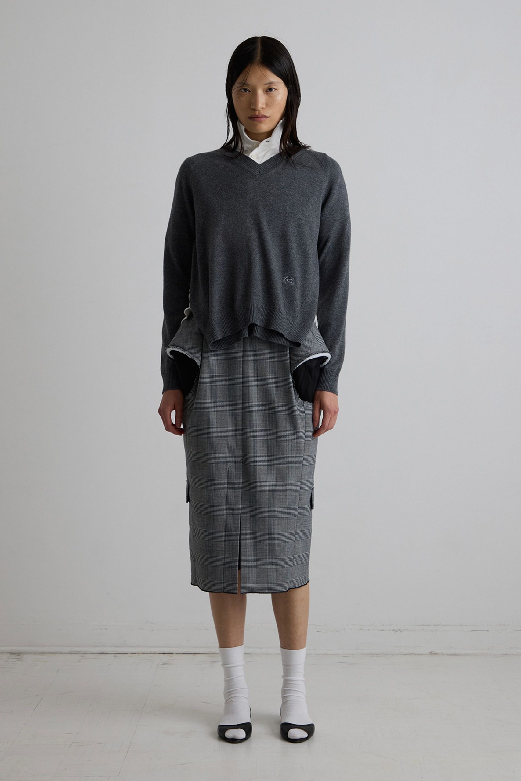 gray wool long-sleeve v-neck relaxed layered sweater
