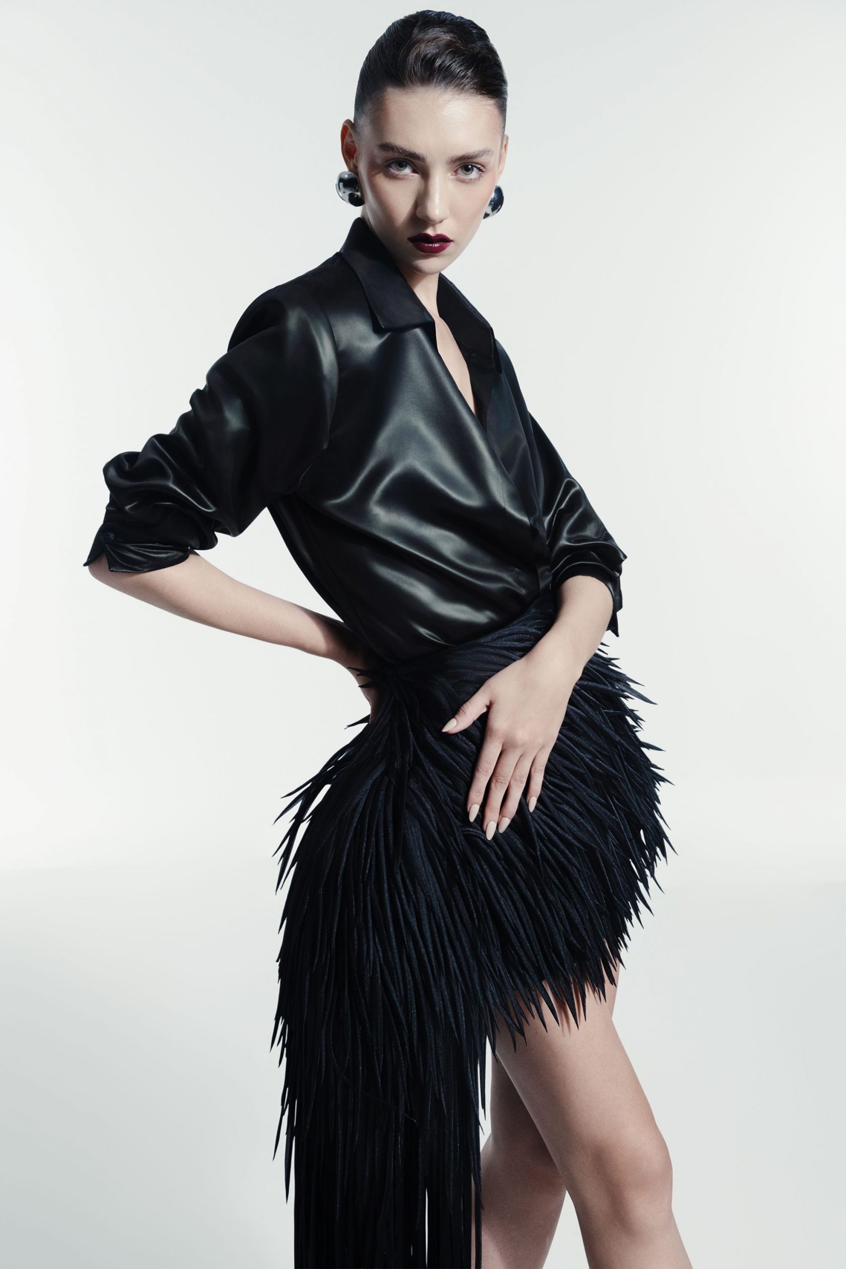 black silk long-sleeve collared fitted pleated shiny shirt