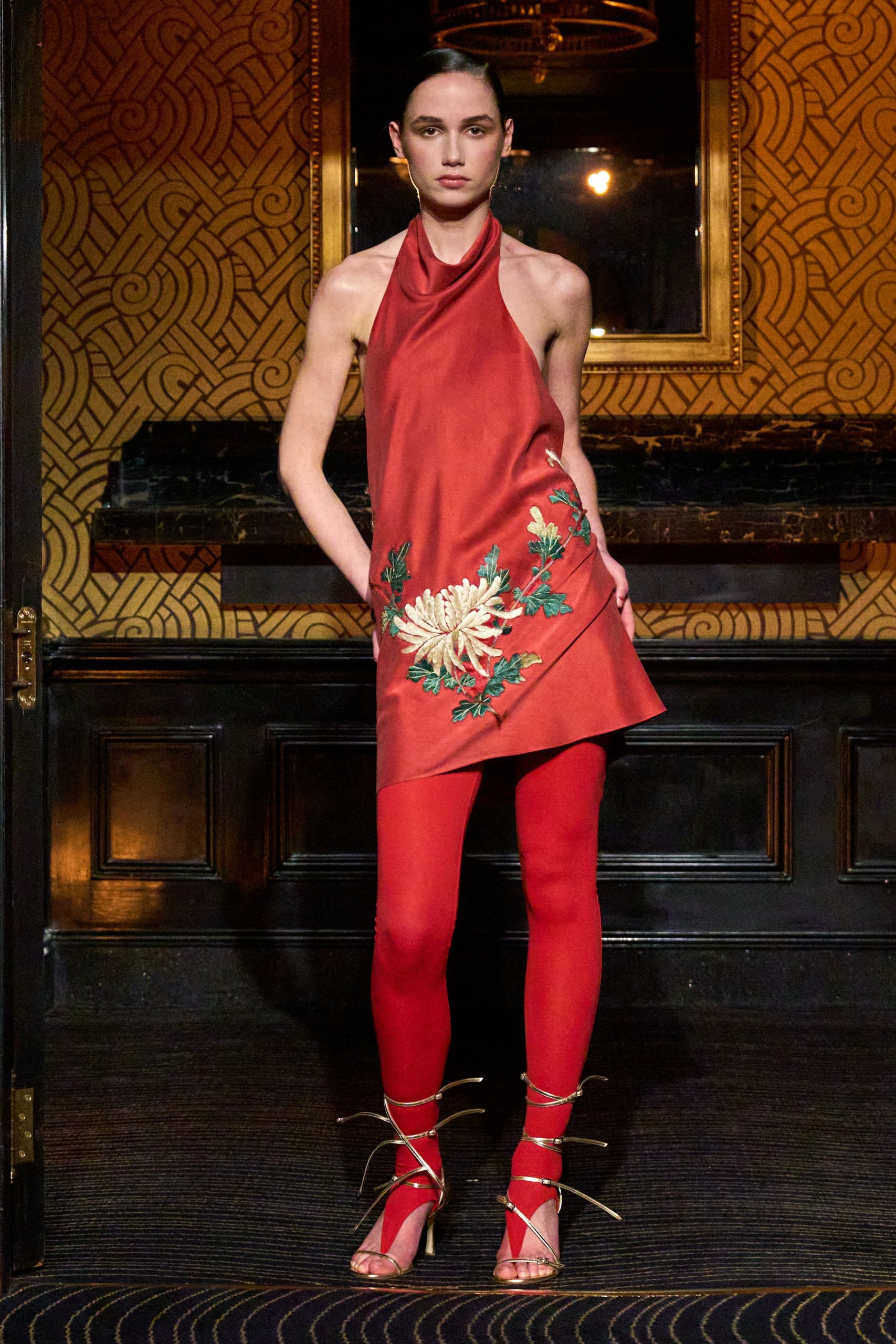 red silk sleeveless halter fitted embroidered short dress