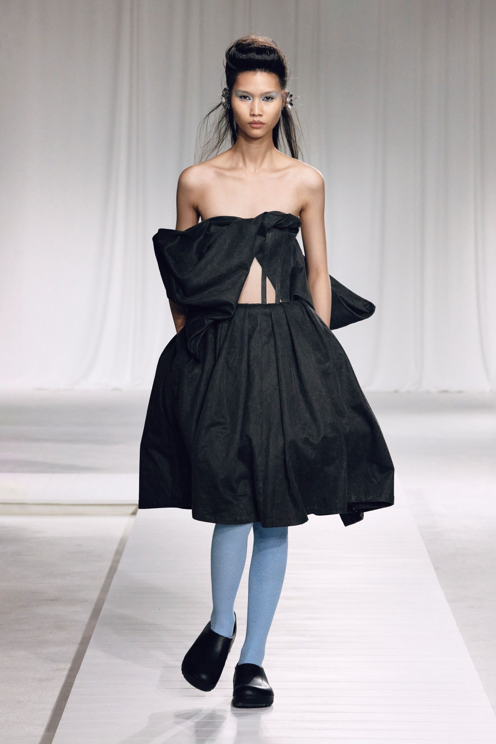 black cotton strapless cutout fitted pleated draped dress