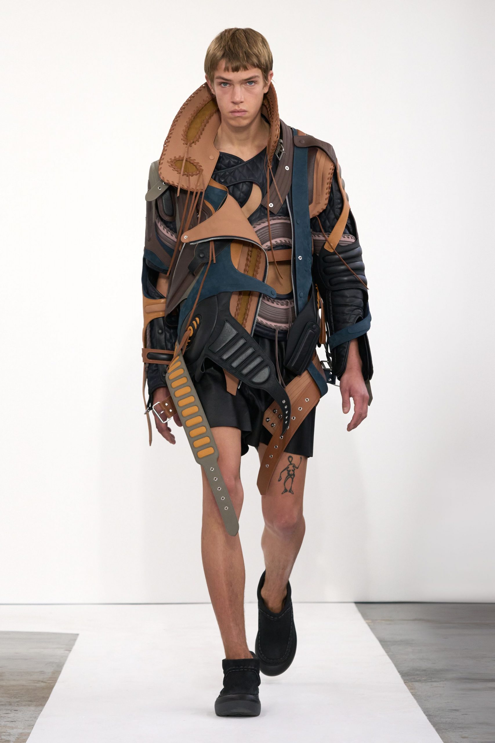 brown leather long-sleeve structured layered zippered jacket