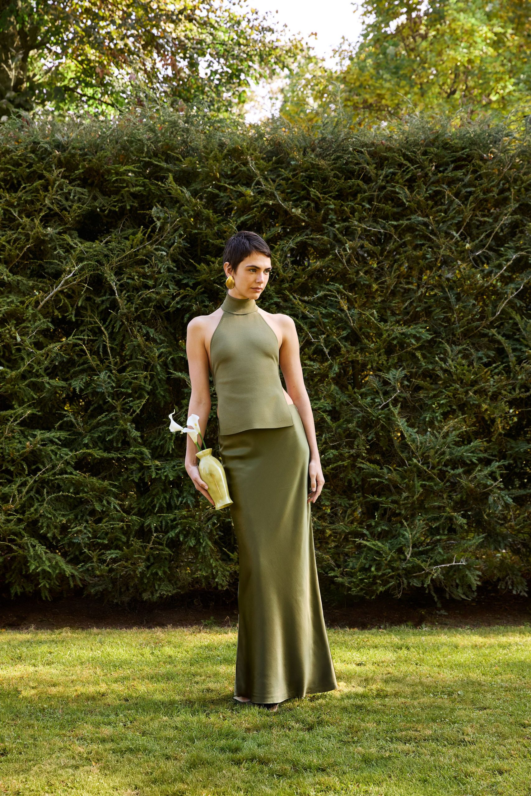 green silk fitted straight-leg maxi skirt