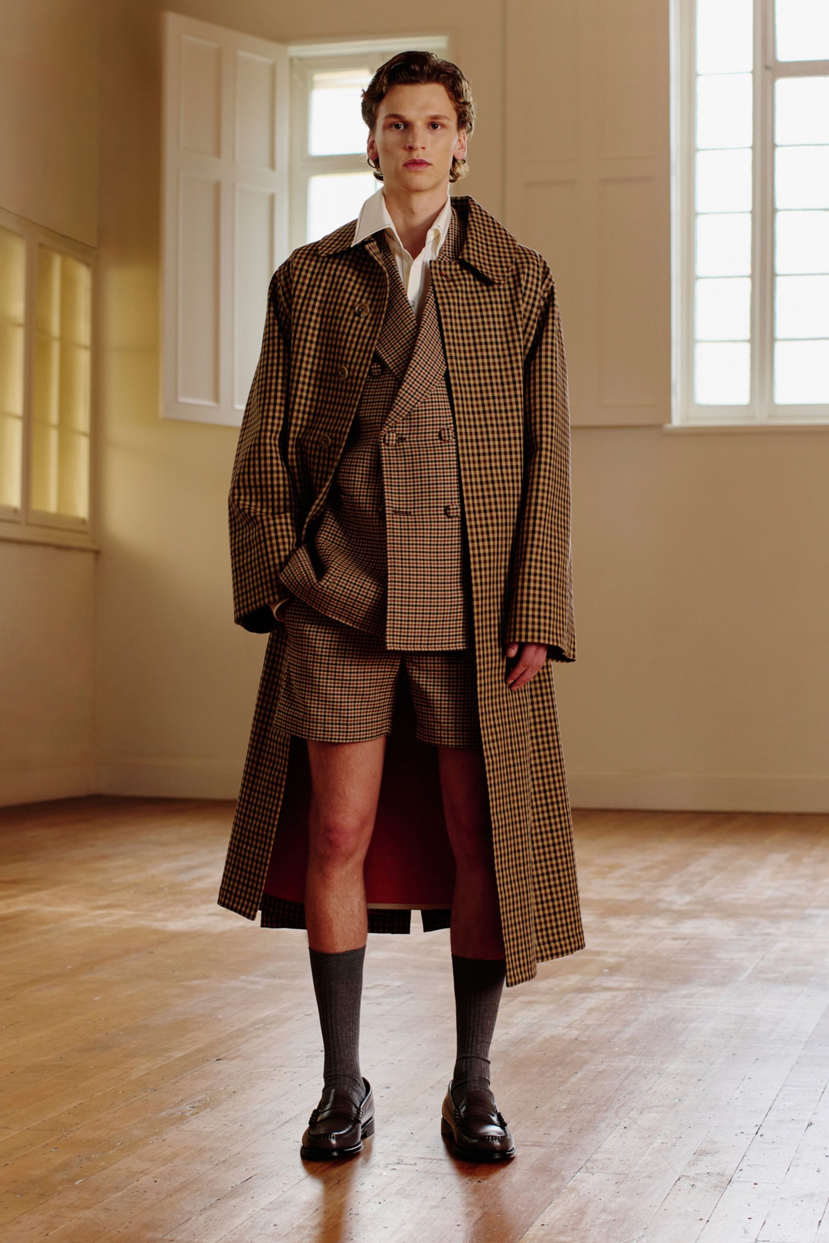 brown checked coat and blazer