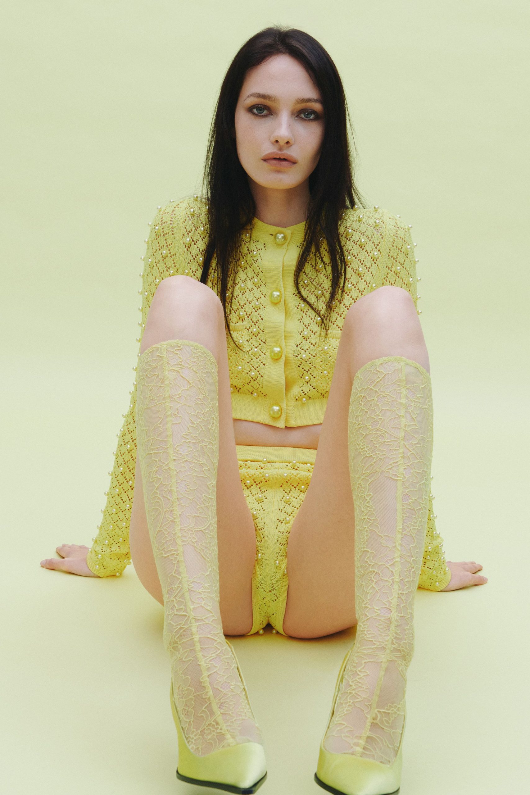 yellow lace long-sleeve collared fitted buttoned embellished top