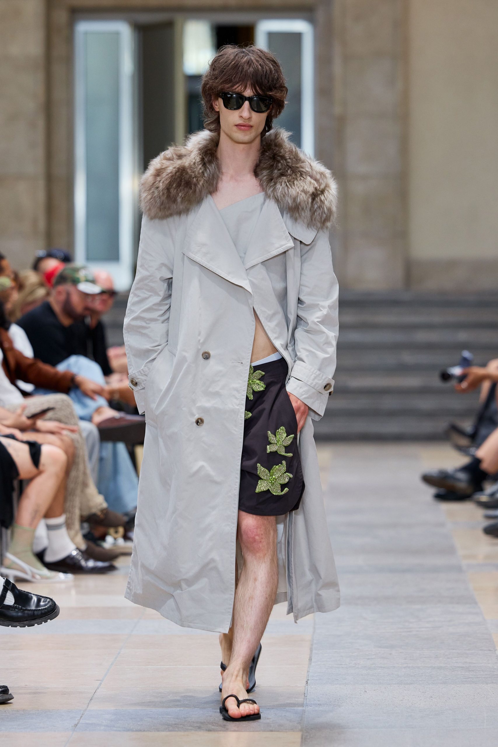 gray faux-fur long-sleeve collared relaxed layered maxi coat