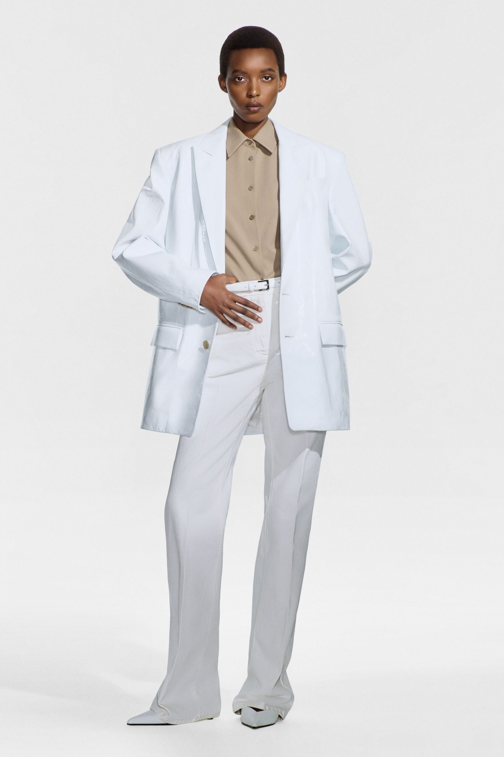 white satin long-sleeve collared relaxed buttoned shiny blazer