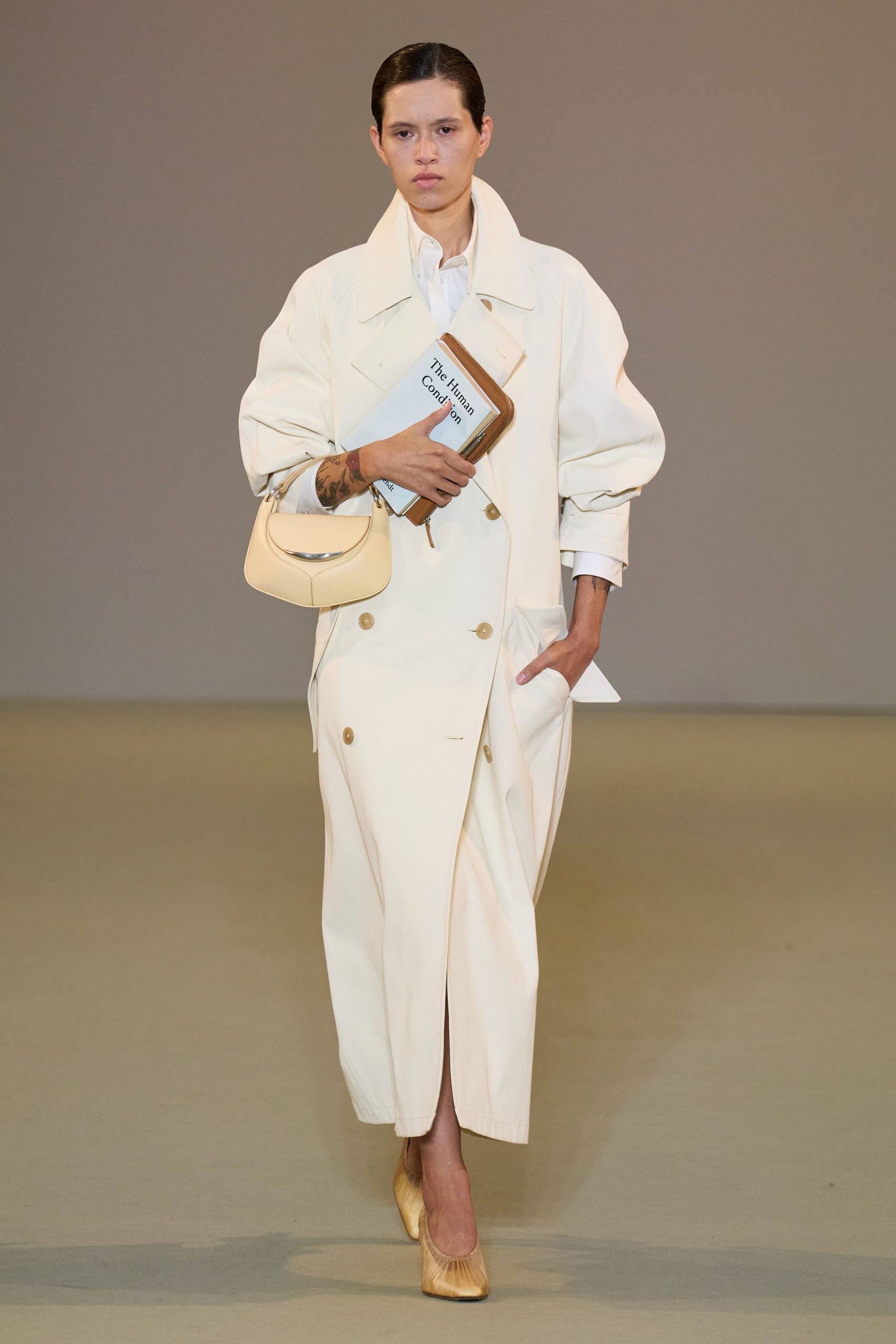 white cotton long-sleeve collared oversized pockets midi coat