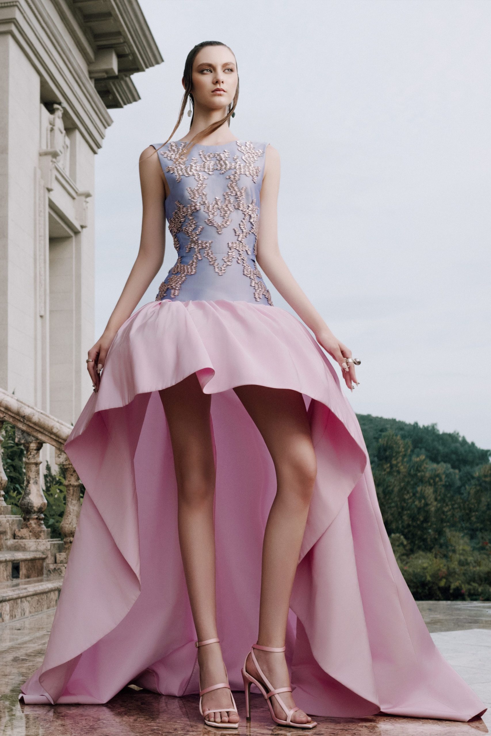 pink silk sleeveless high-neck fitted embroidered flowing gown
