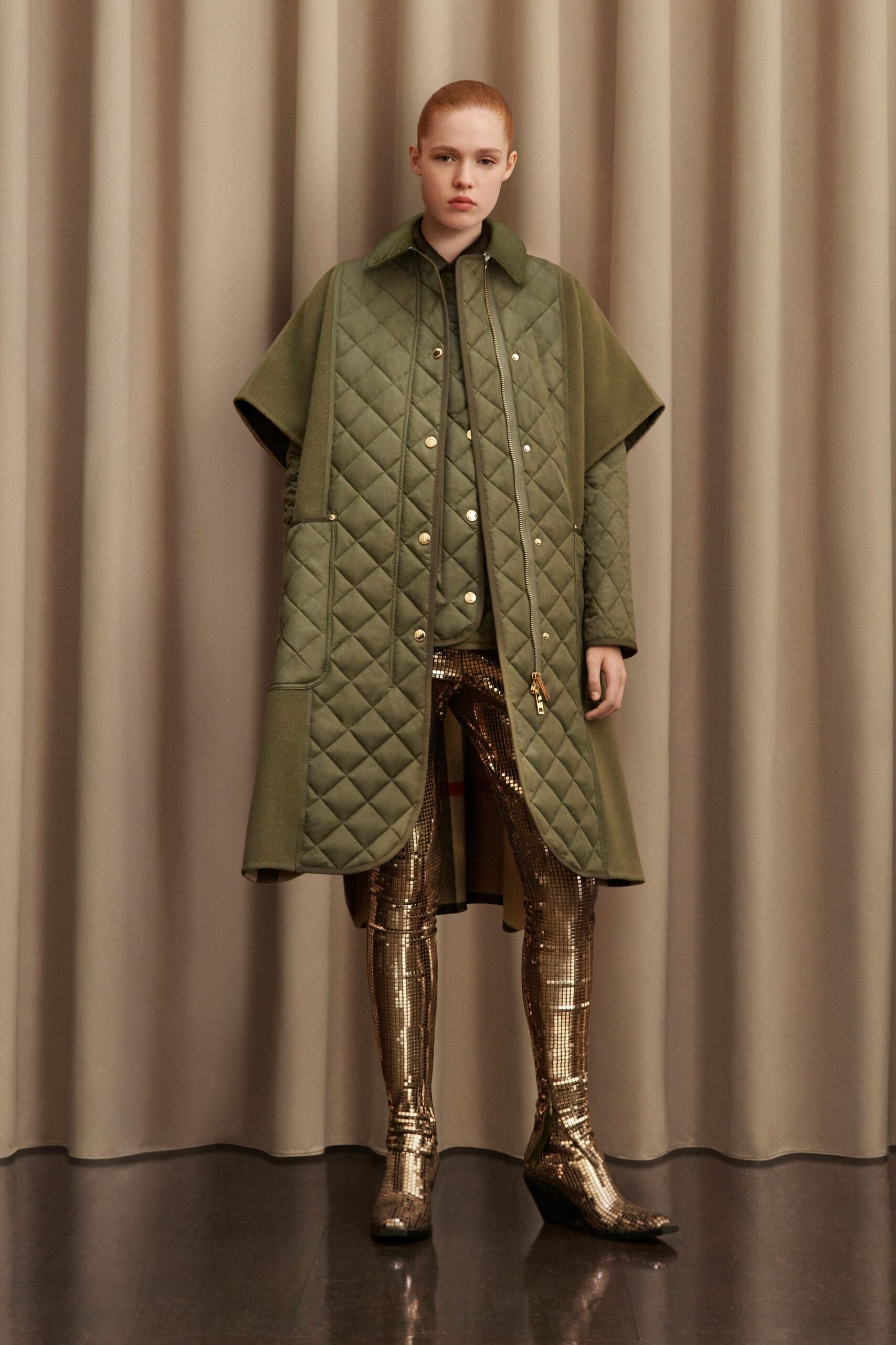 green nylon collared quilted buttoned textured jacket