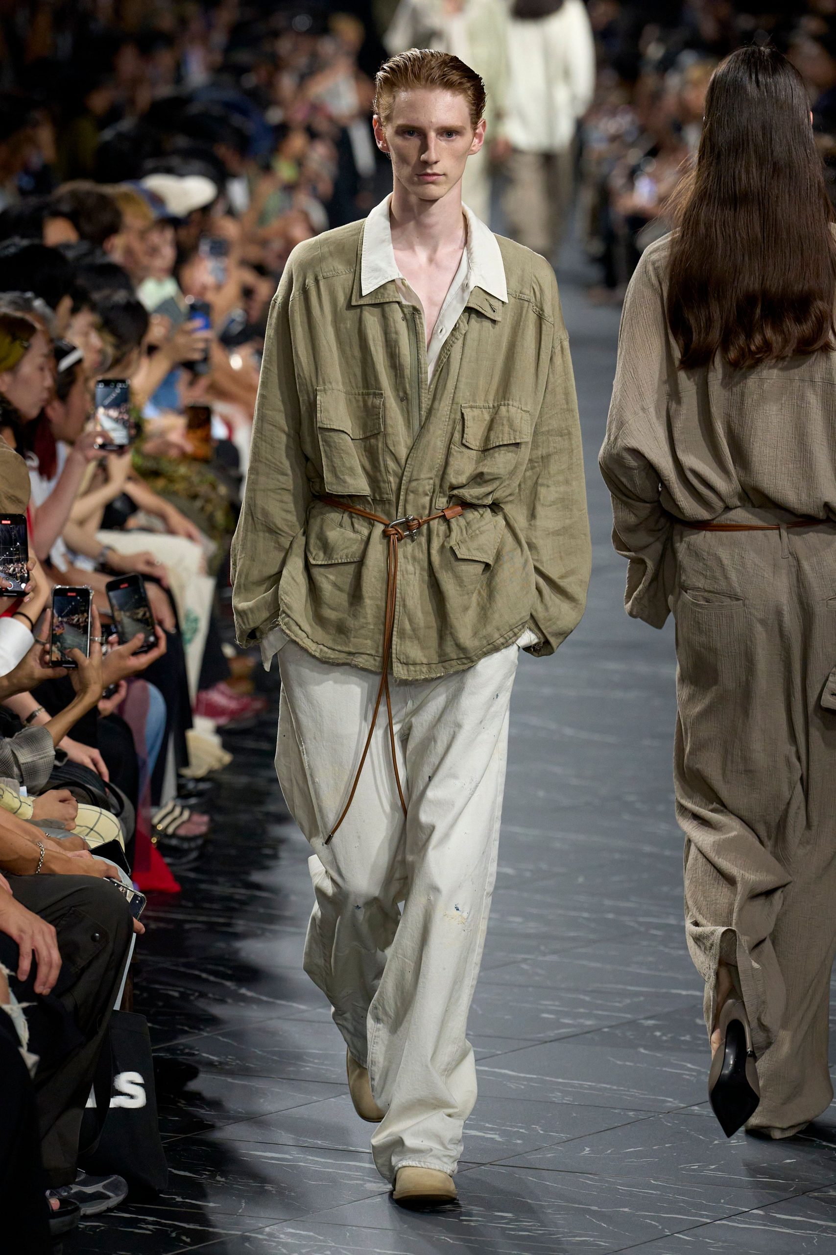 beige linen shirt and white pants
