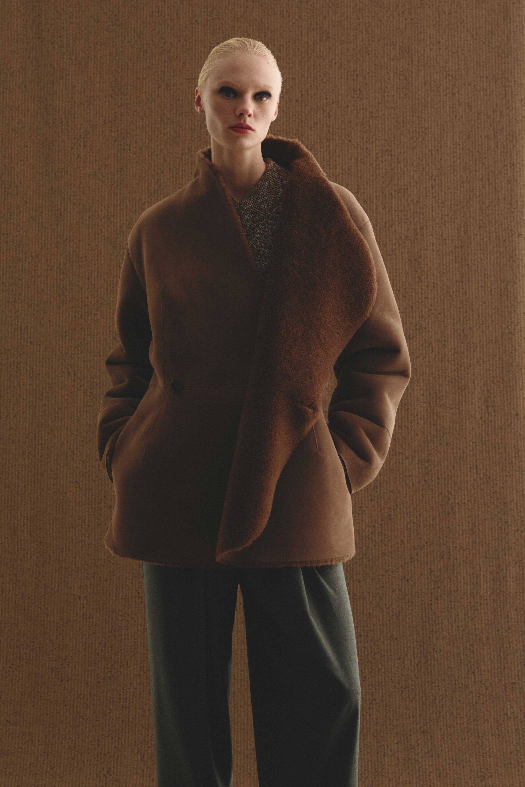 brown wool long-sleeve collared relaxed draped coat
