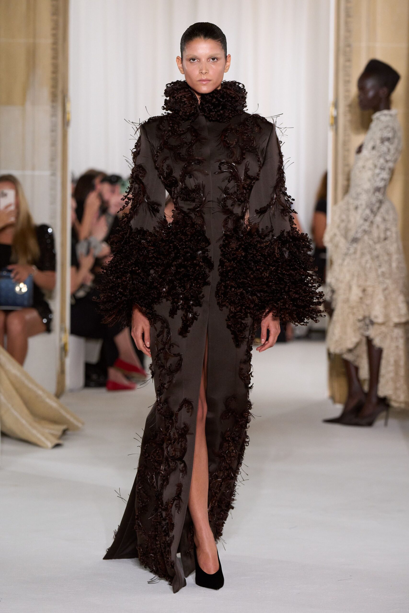 brown silk long-sleeve high-neck fitted ruffled embroidered gown