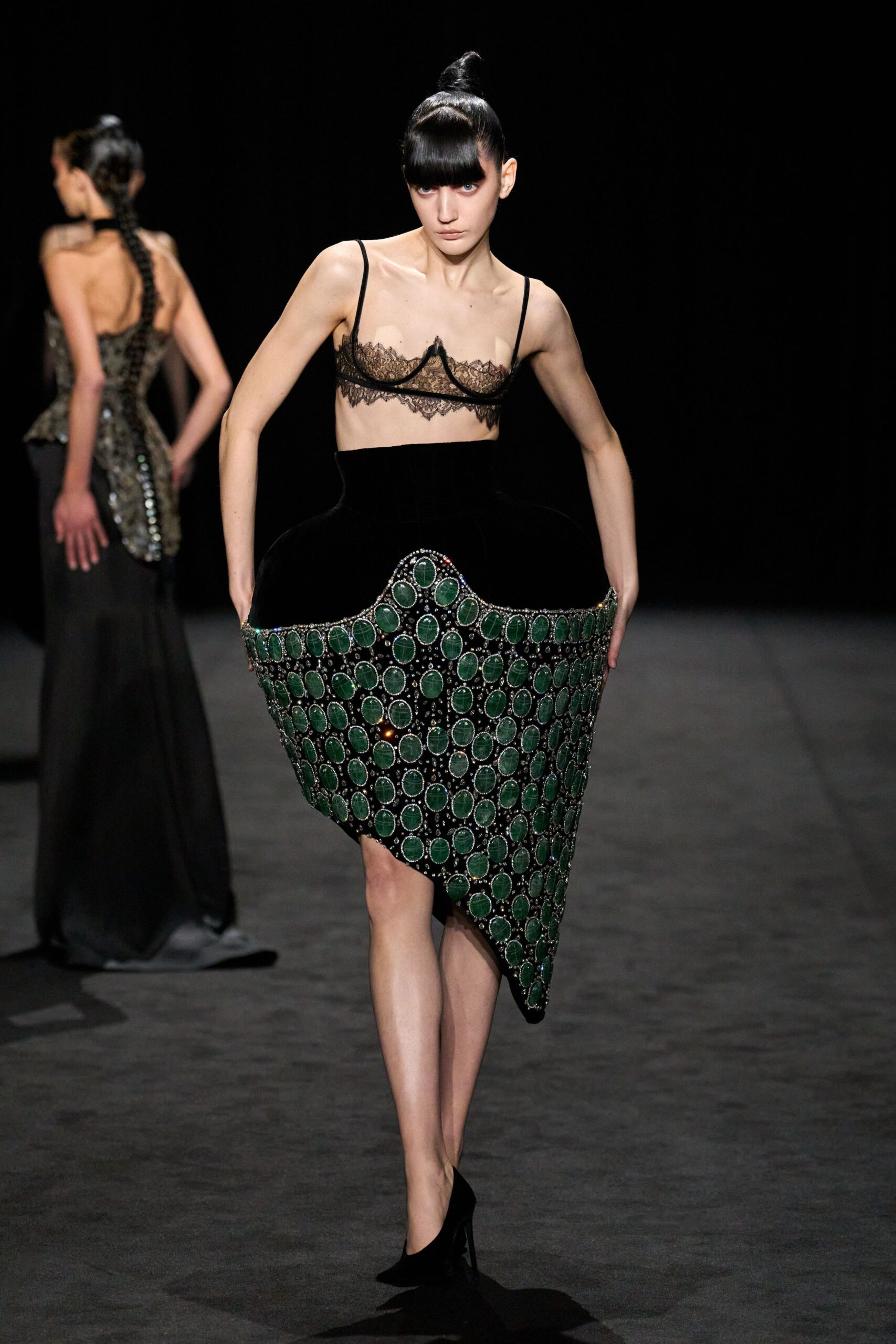 black lace top with beaded skirt