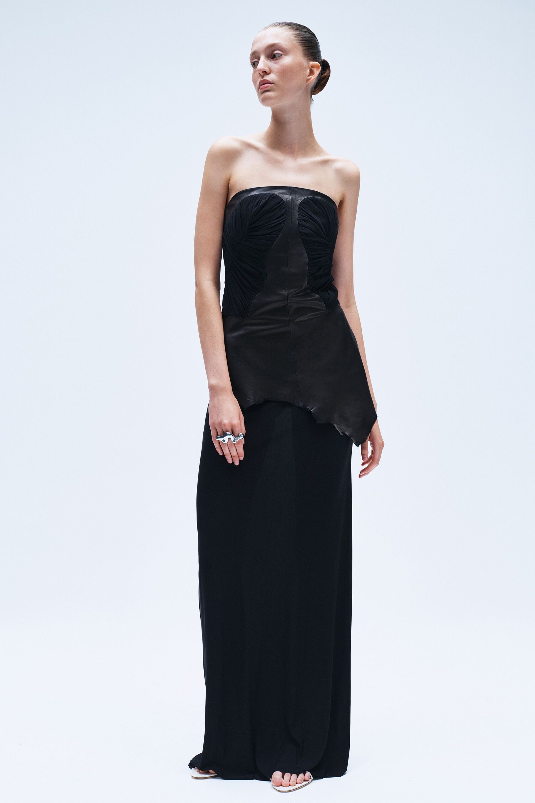 black strapless ruched gown