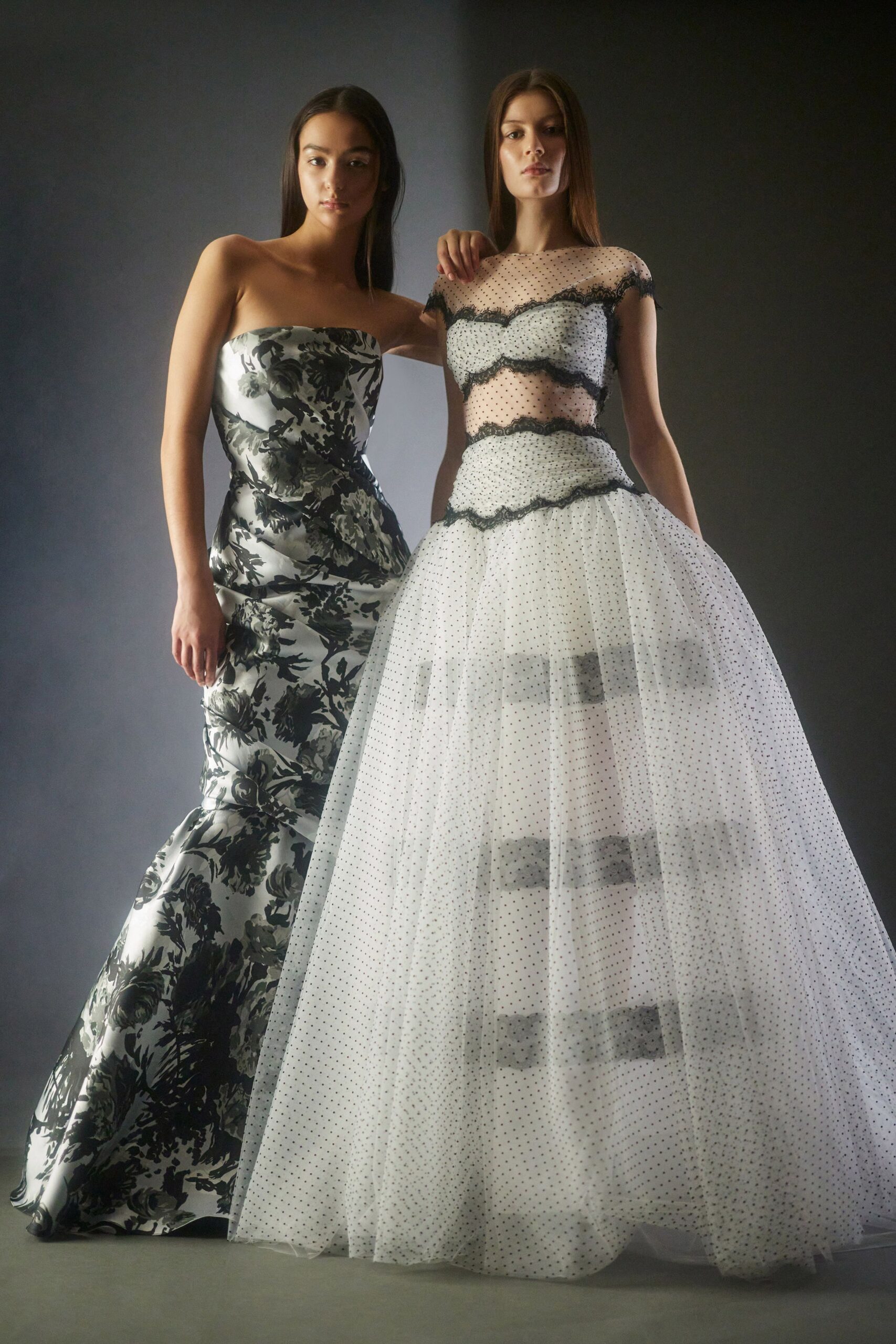 white tulle off-shoulder fitted polka-dot layered sheer gown