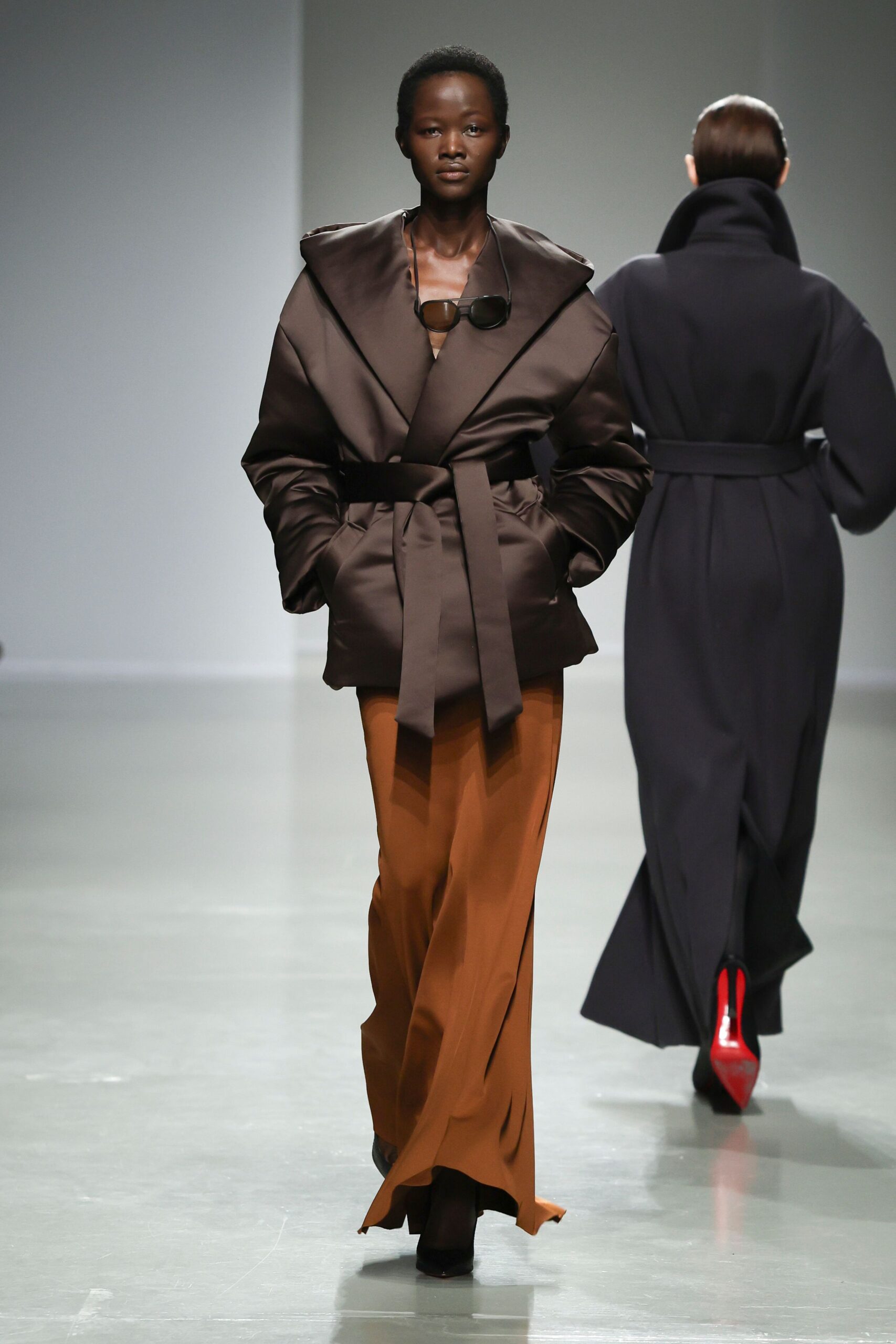 brown silk long-sleeve collared structured belted jacket