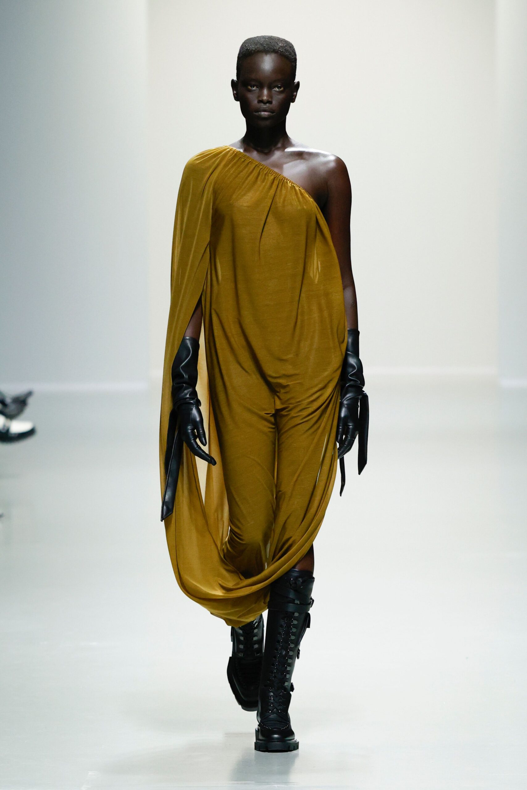 gold silk sleeveless asymmetric relaxed draped flowing dress