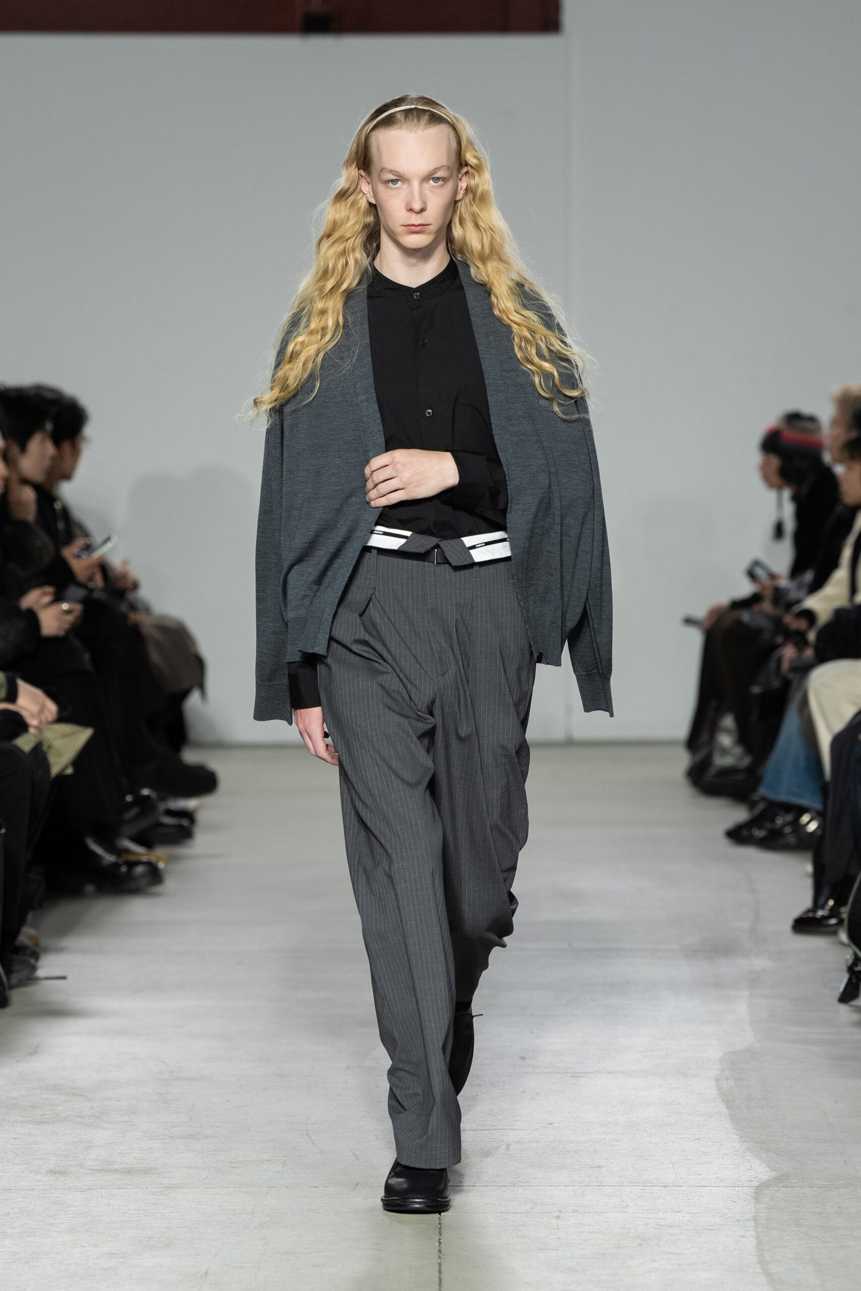 black top gray pants oversized cardigan