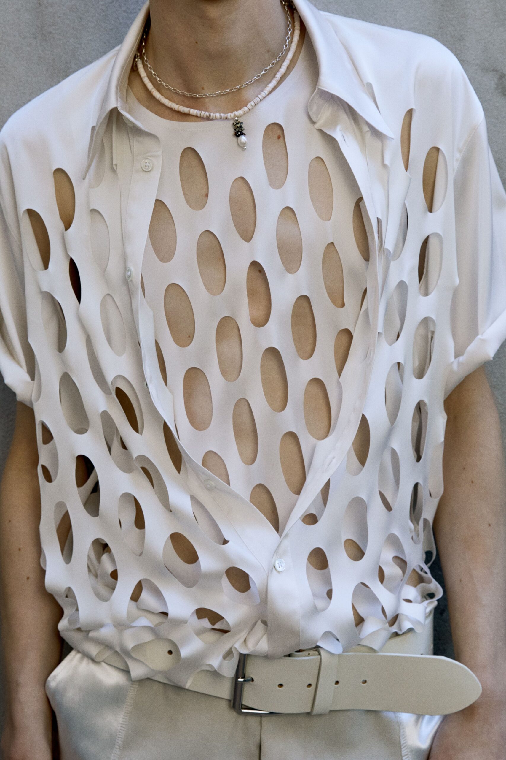 white cotton short-sleeve v-neck relaxed sheer shirt