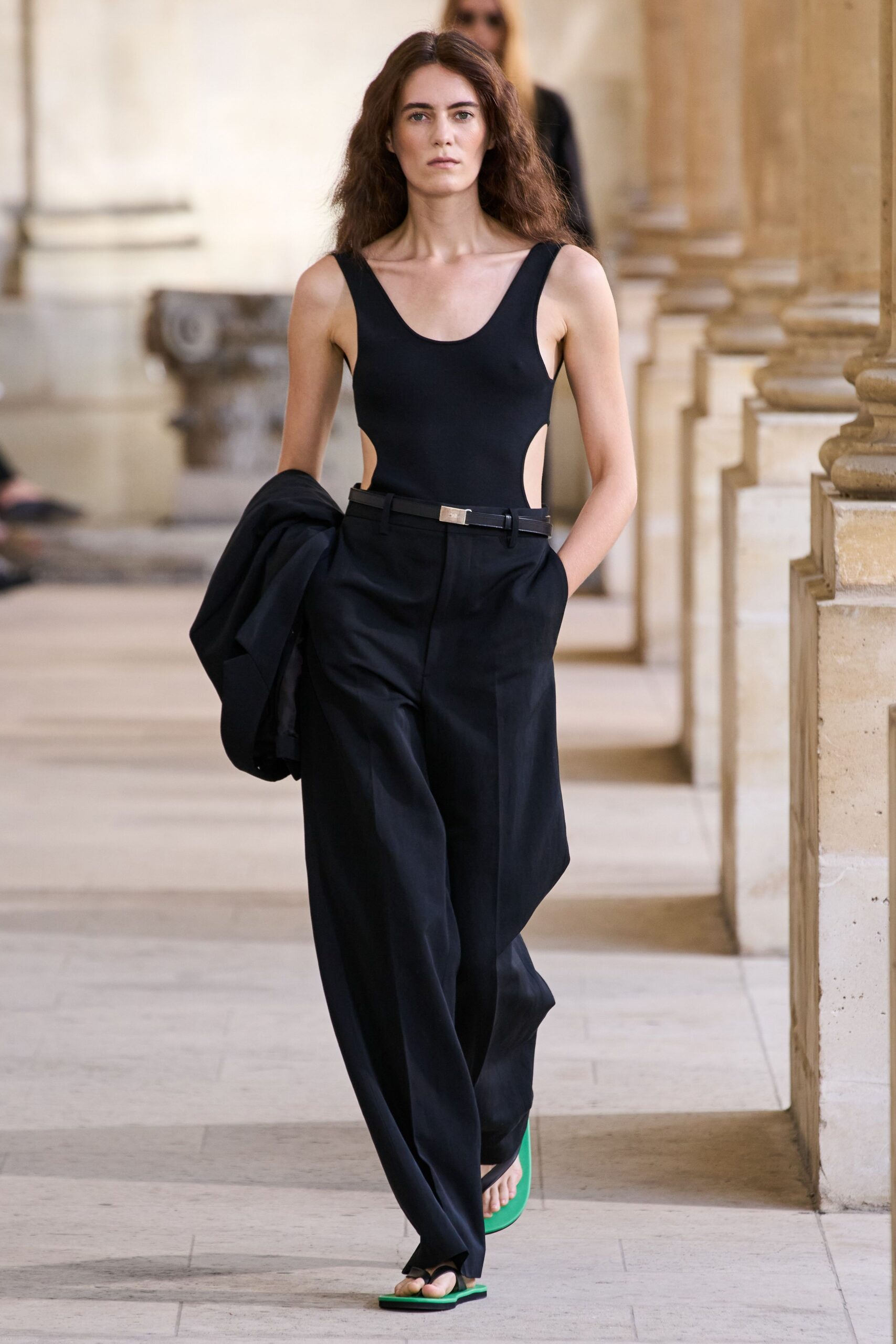 black bodysuit with tailored pants