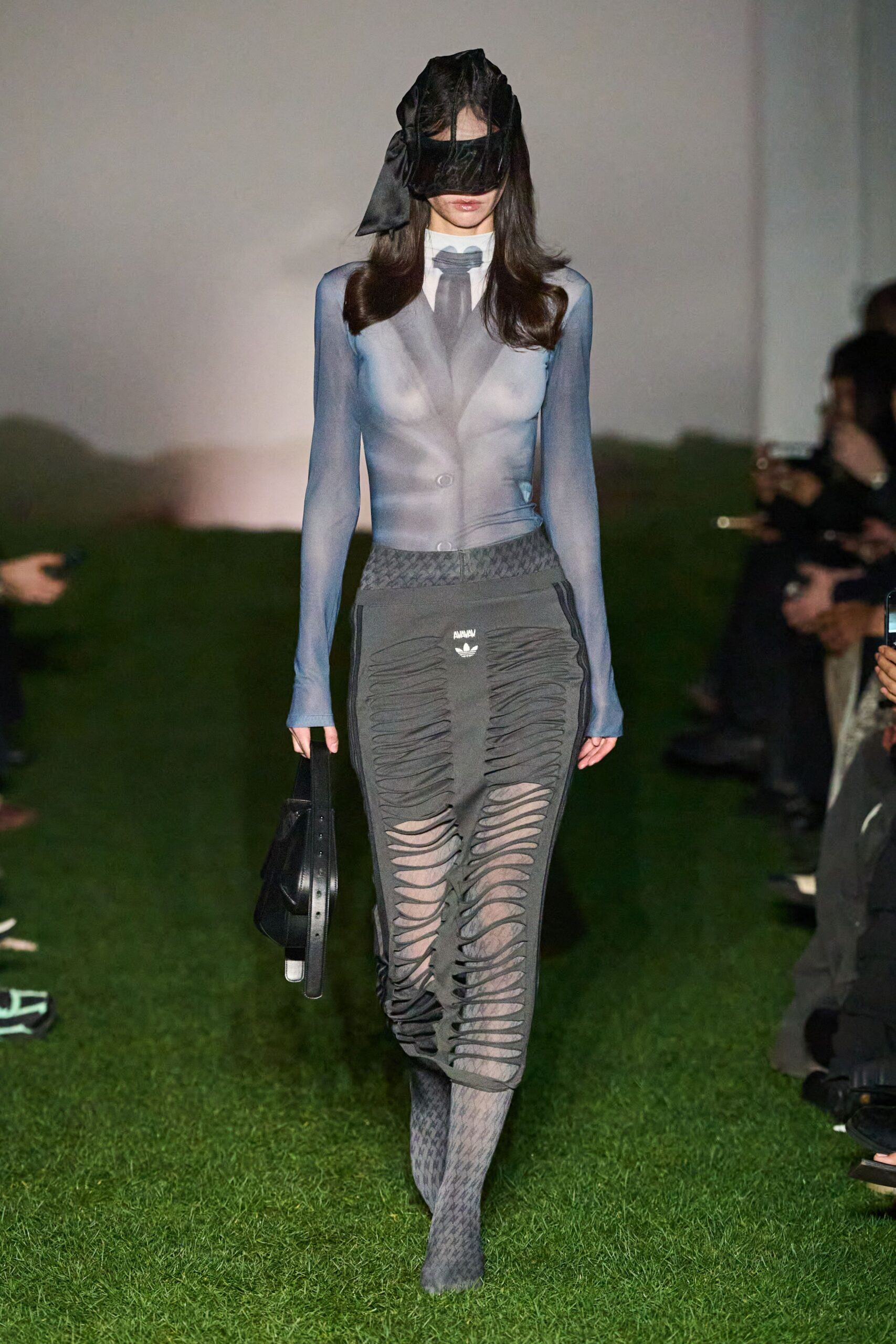 black mesh long-sleeve collared fitted zippered sheer shirt