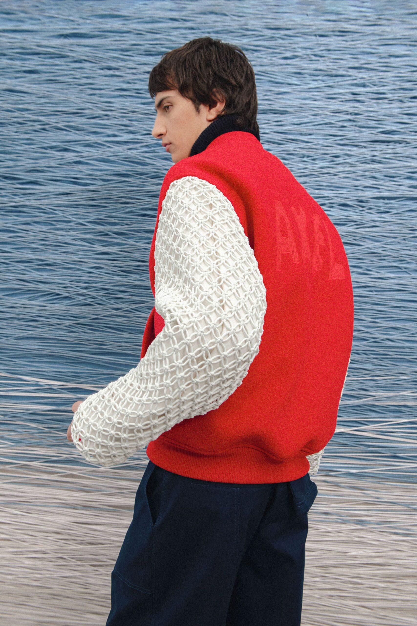 red wool long-sleeve collared fitted layered jacket